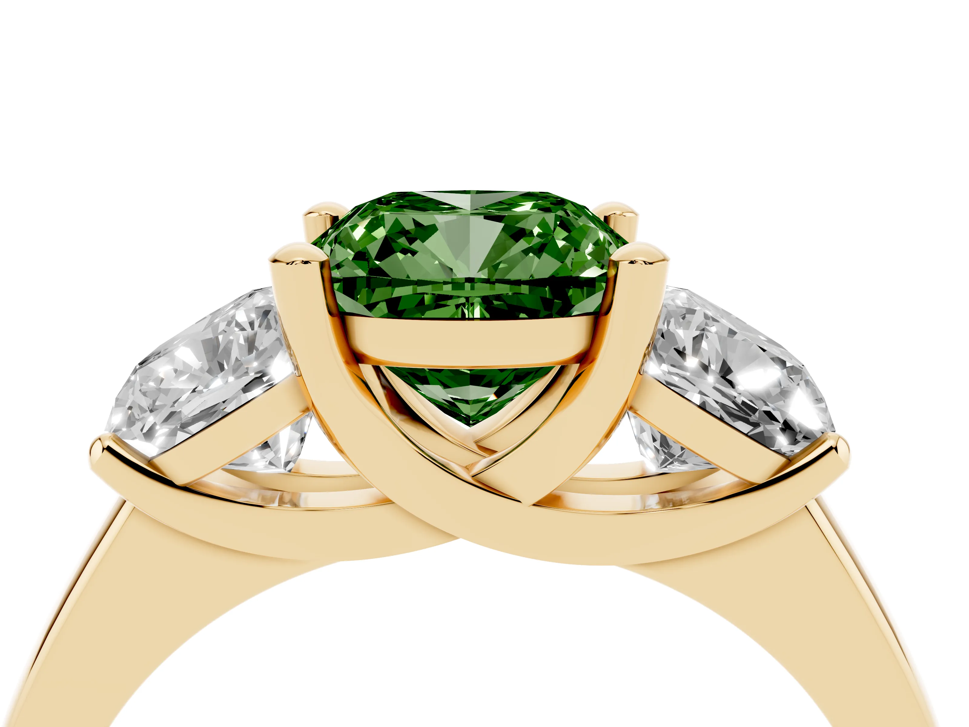 Fancy Green Cushion Cut Diamond Three-Stone Ring Set in Yellow gold with Classic Prong Setting and Plain Band