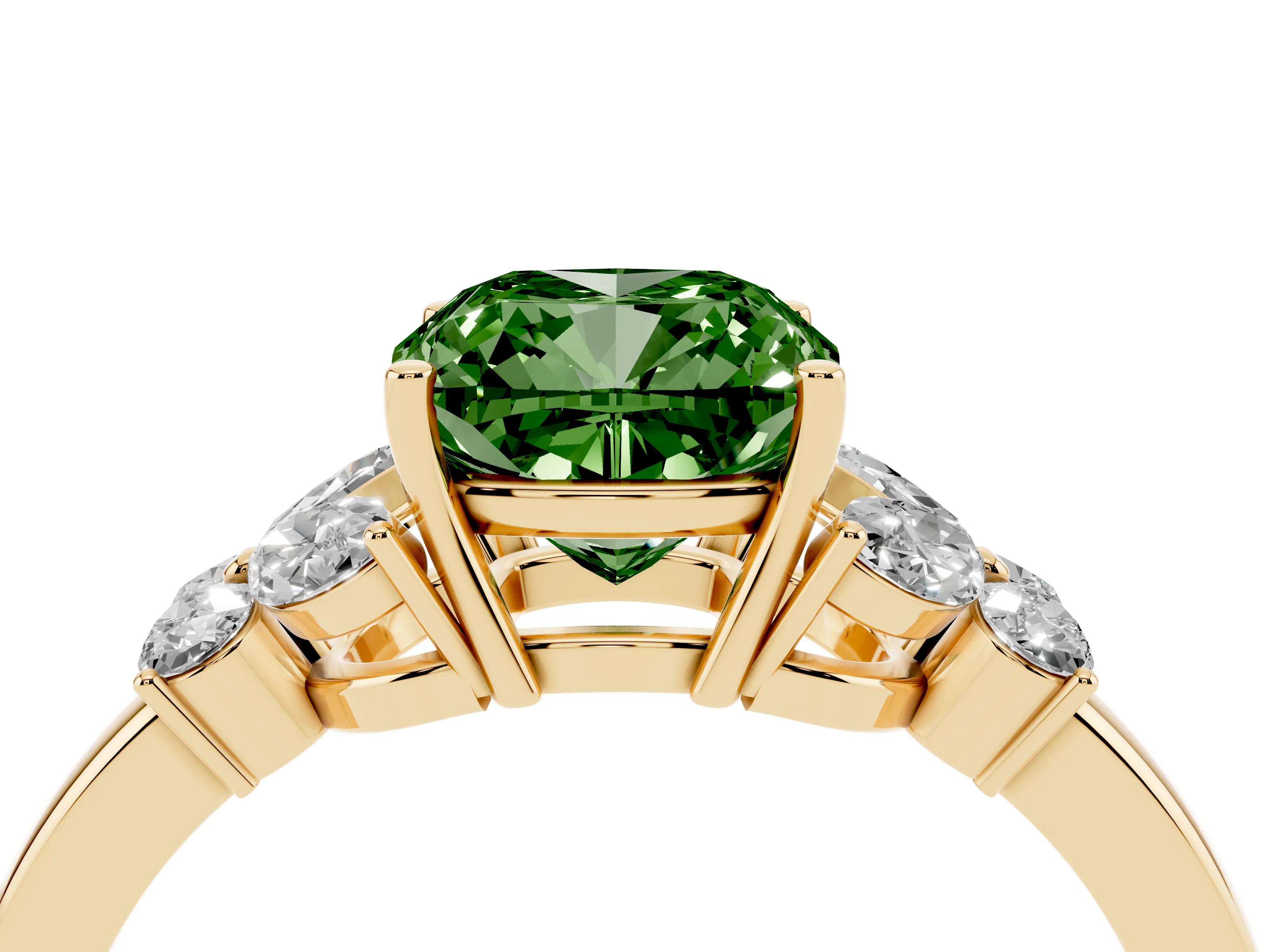 Fancy Green Cushion Cut Diamond Solitaire Floral Ring Set in Yellow gold with Marquise Petals and Prong Setting