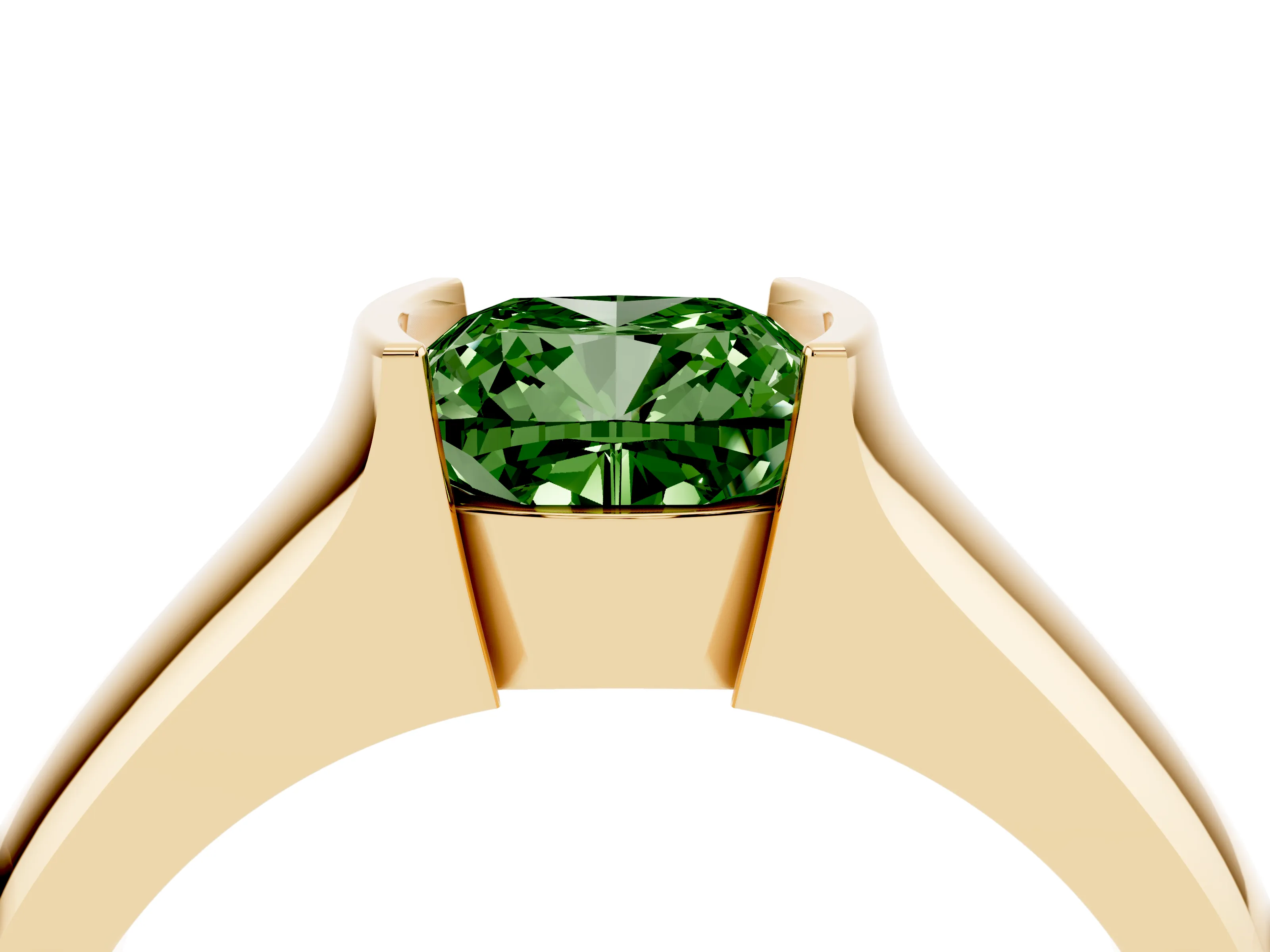 Fancy Green Cushion Cut Diamond Bezel Solitaire Ring Set in Yellow gold with Wide Band