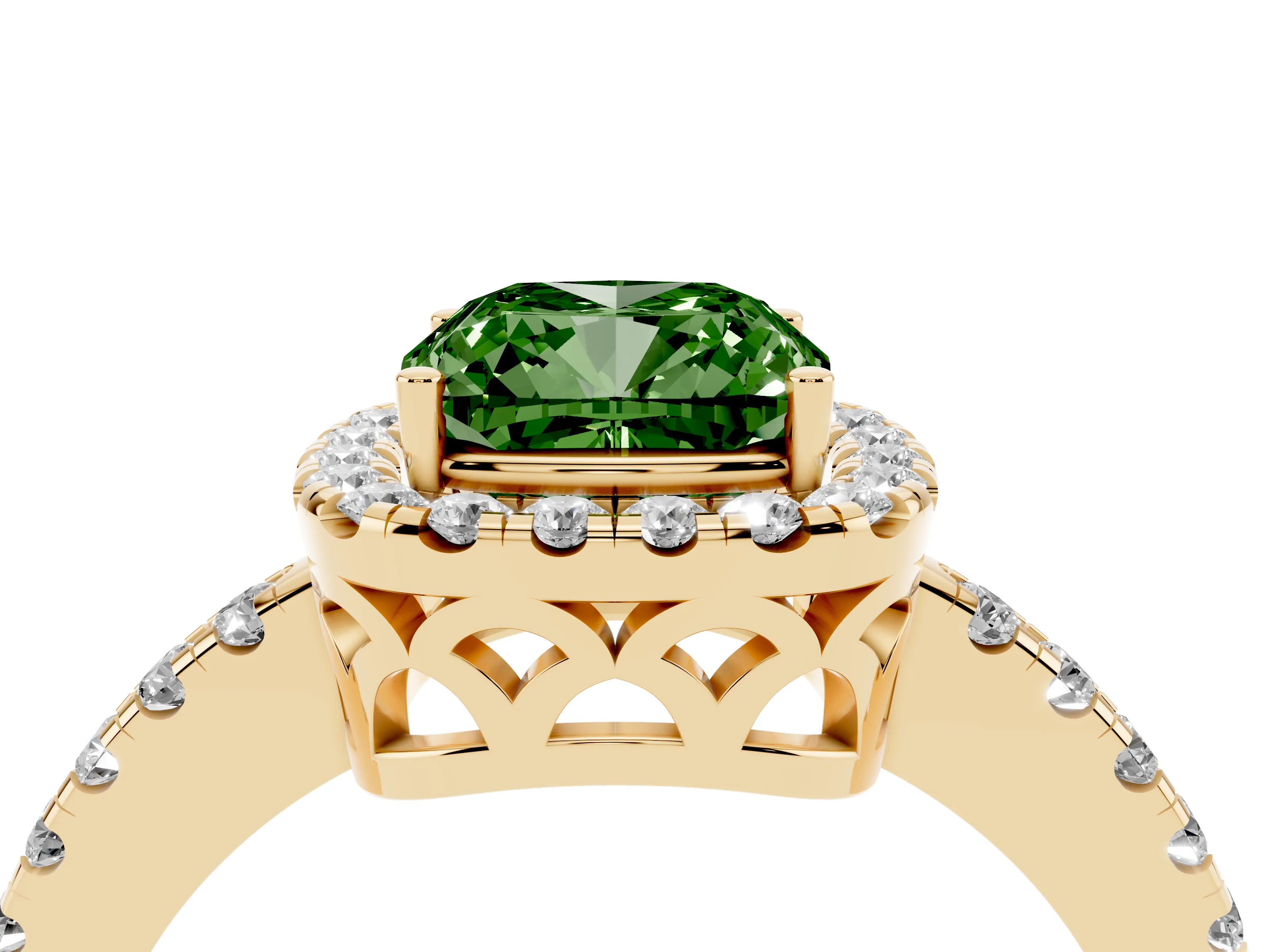 Fancy Green Cushion Cut Diamond Pavé Band Halo Engagement Ring Set in Yellow gold with Prong Setting