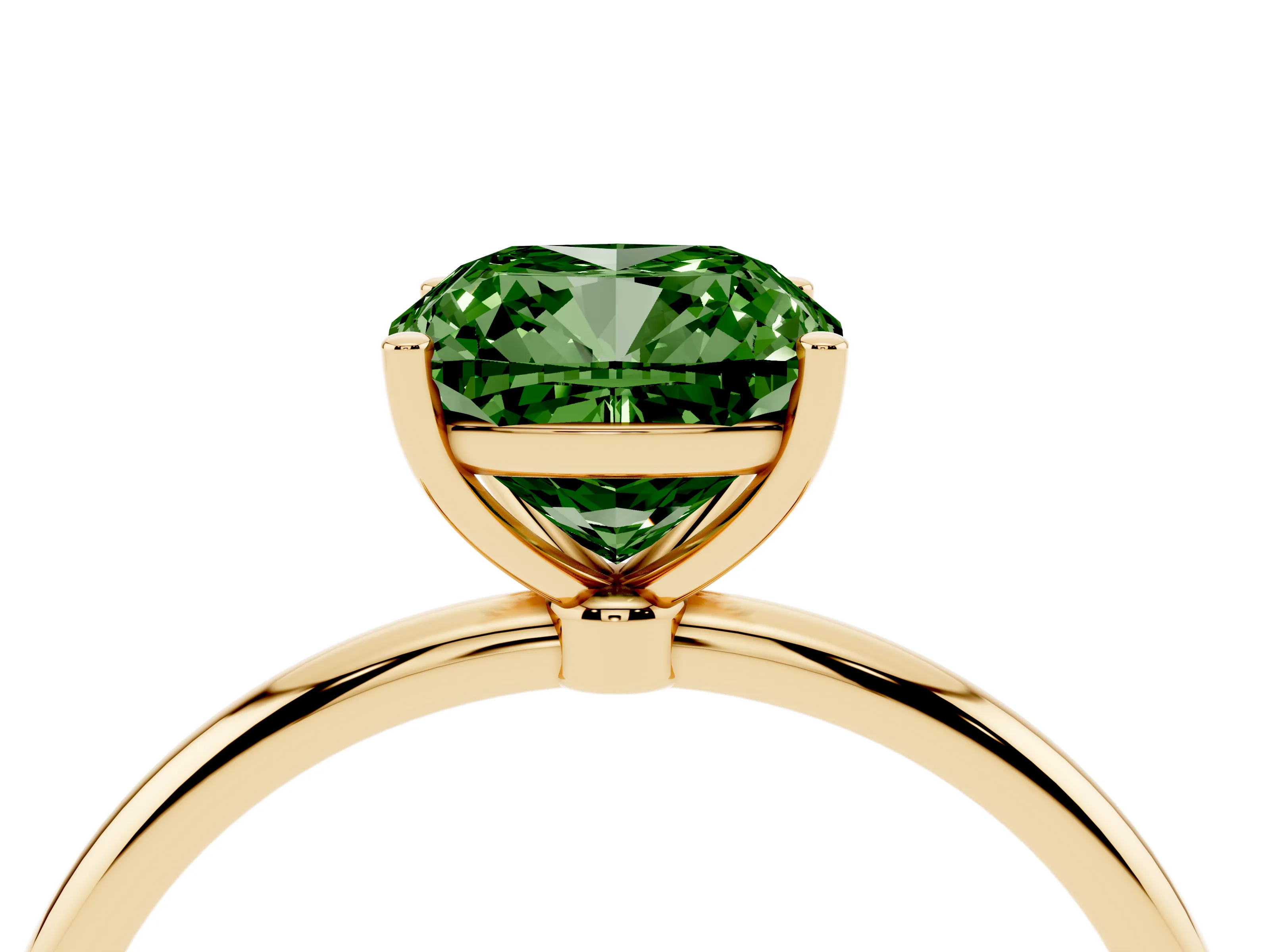 Fancy Green Cushion Cut Diamond Solitaire Engagement Ring Set in Yellow gold with Thin Band and Prong Setting