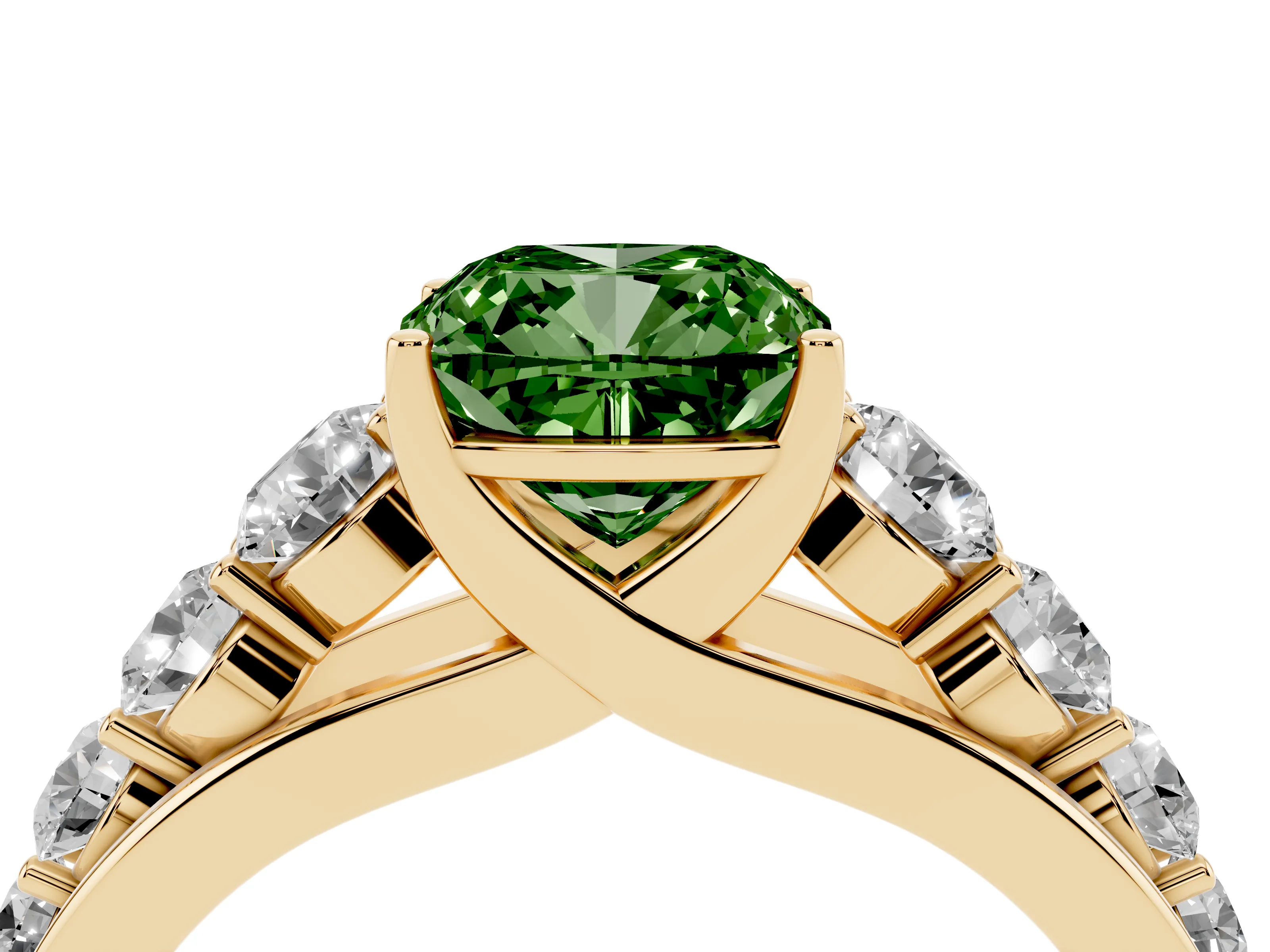 Fancy Green Cushion Cut Diamond Solitaire Ring Set in Yellow gold with Pavé-Set Band and Prong Setting