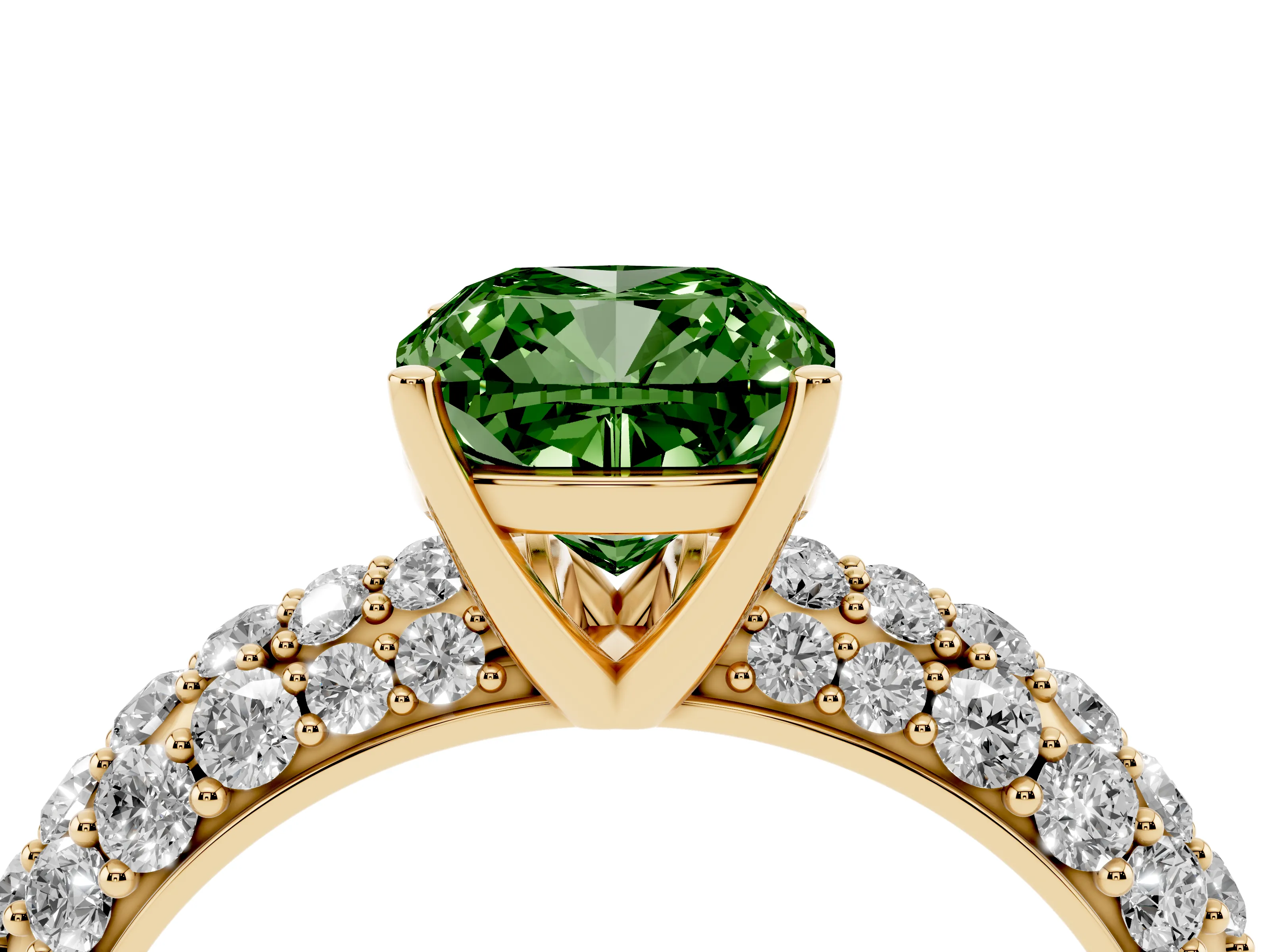 Fancy Green Cushion Cut Diamond Pavé Band Solitaire Ring Set in Yellow gold with Close-Set Accent Stones and Prong Setting