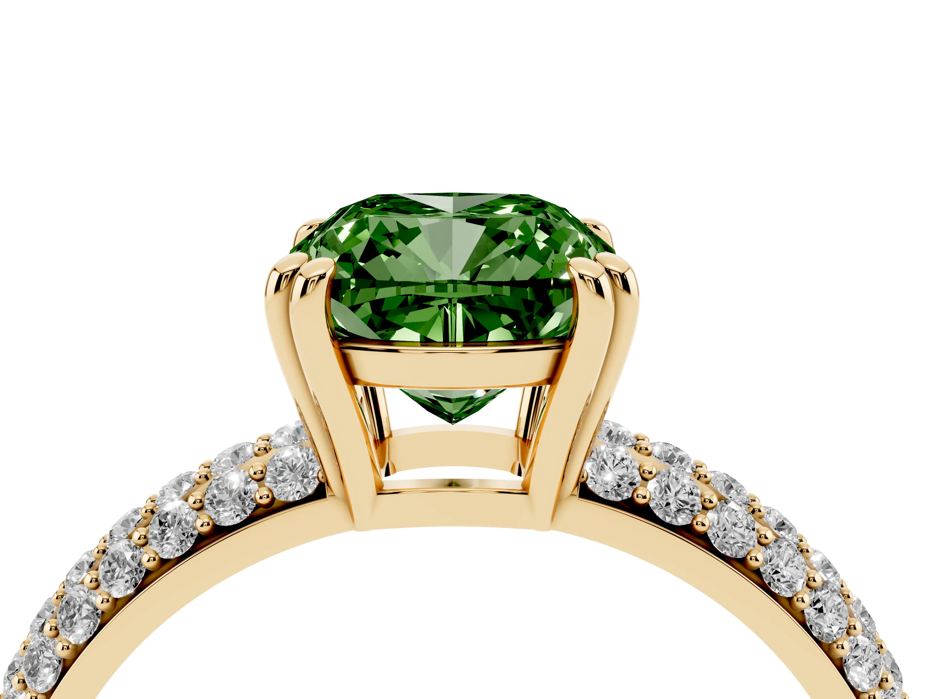 Fancy Green Cushion Cut Diamond Solitaire Ring Set in Yellow gold with Multi-Row Round Pavé Band and Prong Setting