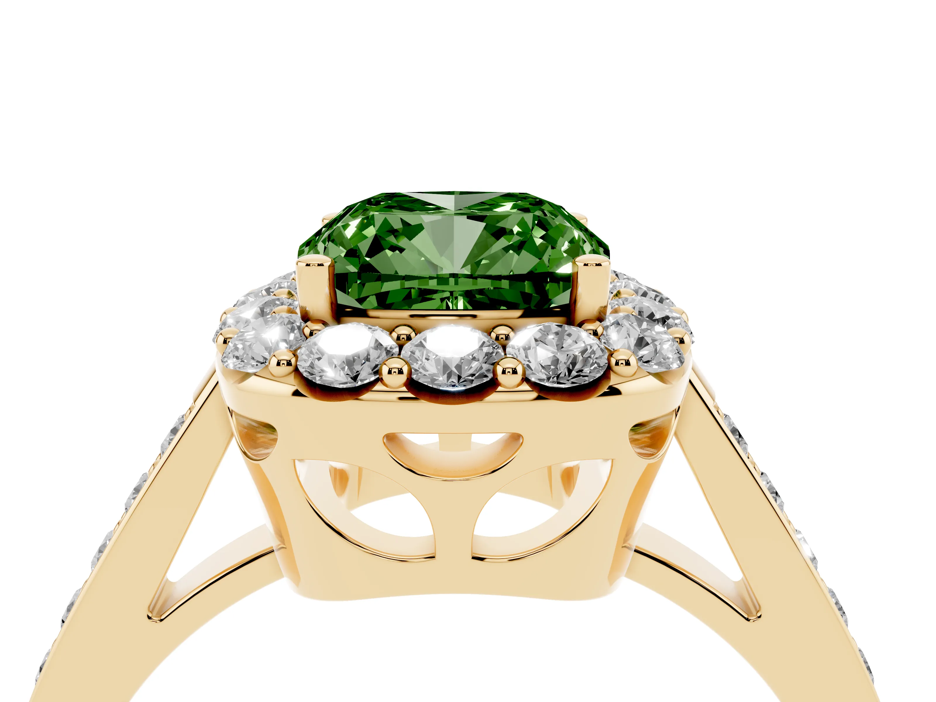 Fancy Green Cushion Cut Diamond Floral Halo Ring Set in Yellow gold with Pavé Band and Prong Setting