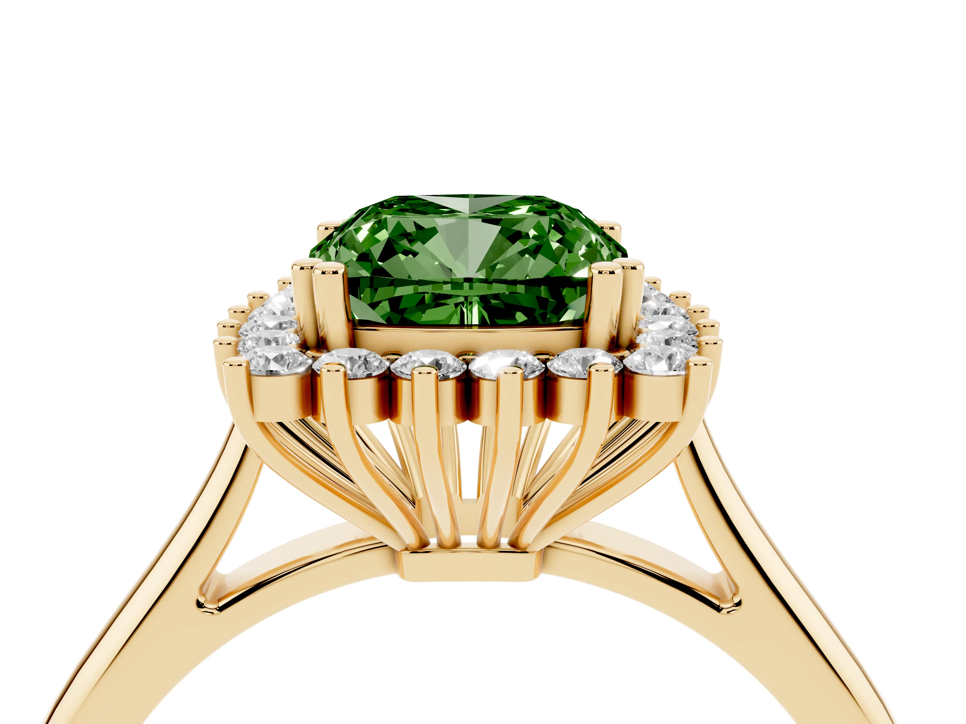 Fancy Green Cushion Cut Diamond Halo Ring Set in Yellow gold with Plain Solitaire Band and Prong Setting
