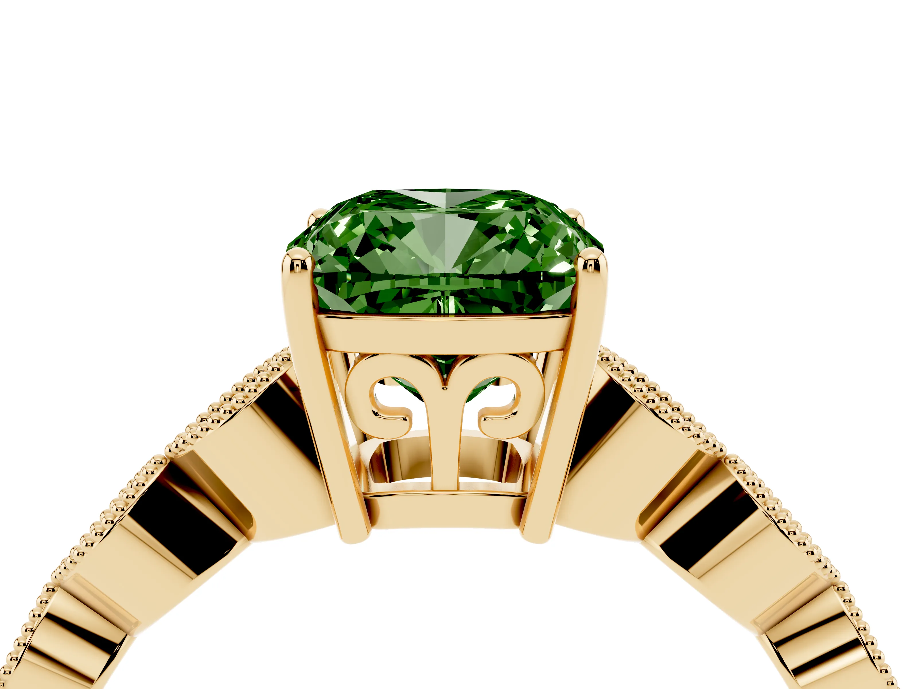 Fancy Green Cushion Cut Diamond Solitaire Ring Set in Yellow gold with Infinity Twist Pavé Band