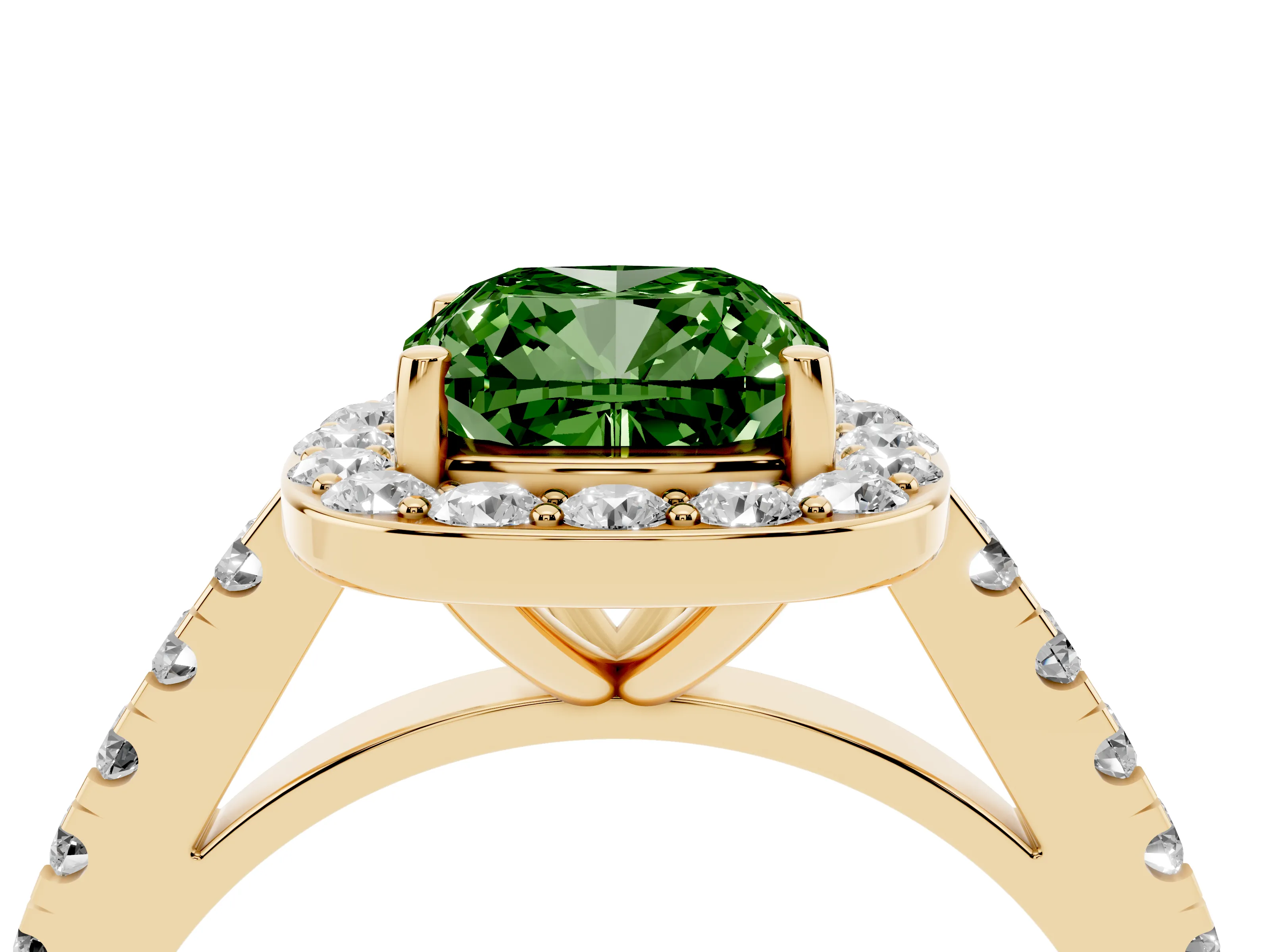 Fancy Green Cushion Cut Diamond Halo Ring Set in Yellow gold with Round Pavé Split Shank and Prong Setting