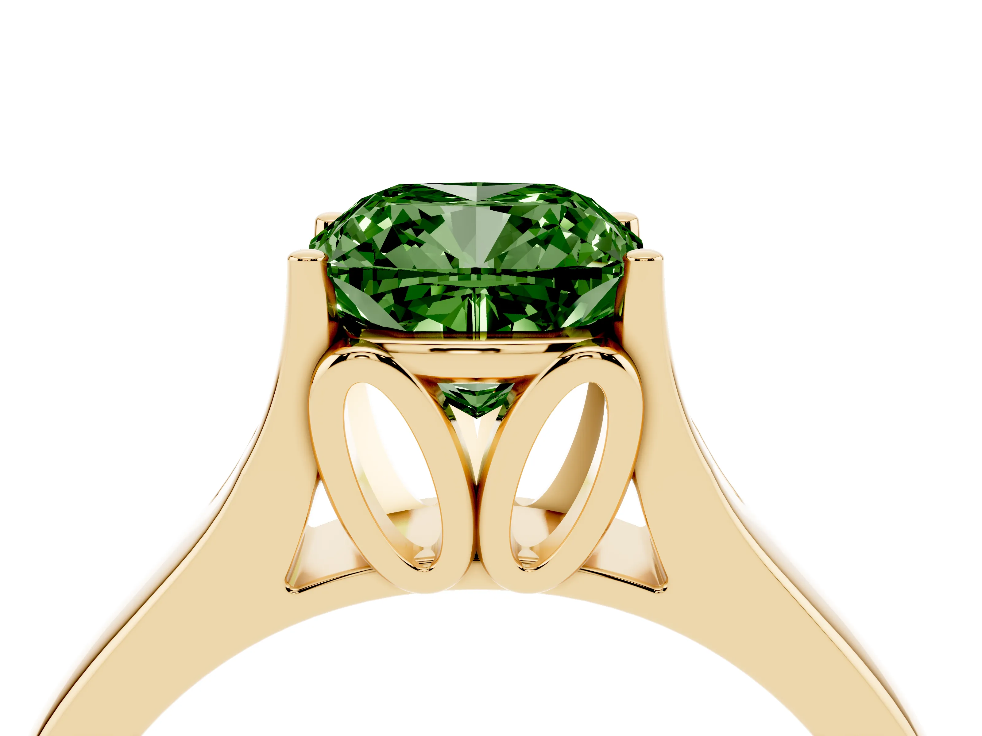 Fancy Green Cushion Cut Diamond Solitaire Ring Set in Yellow gold with Arched Cathedral Band and Prong Setting