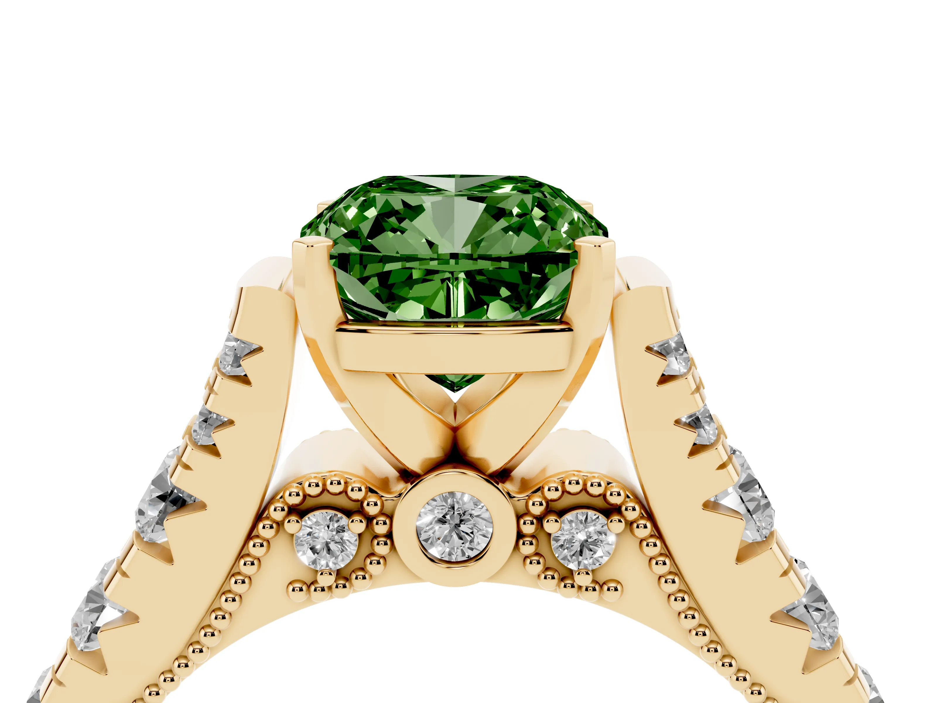 Fancy Green Cushion Cut Diamond Classic Solitaire Ring Set in Yellow gold with Pavé Band and Prong Setting