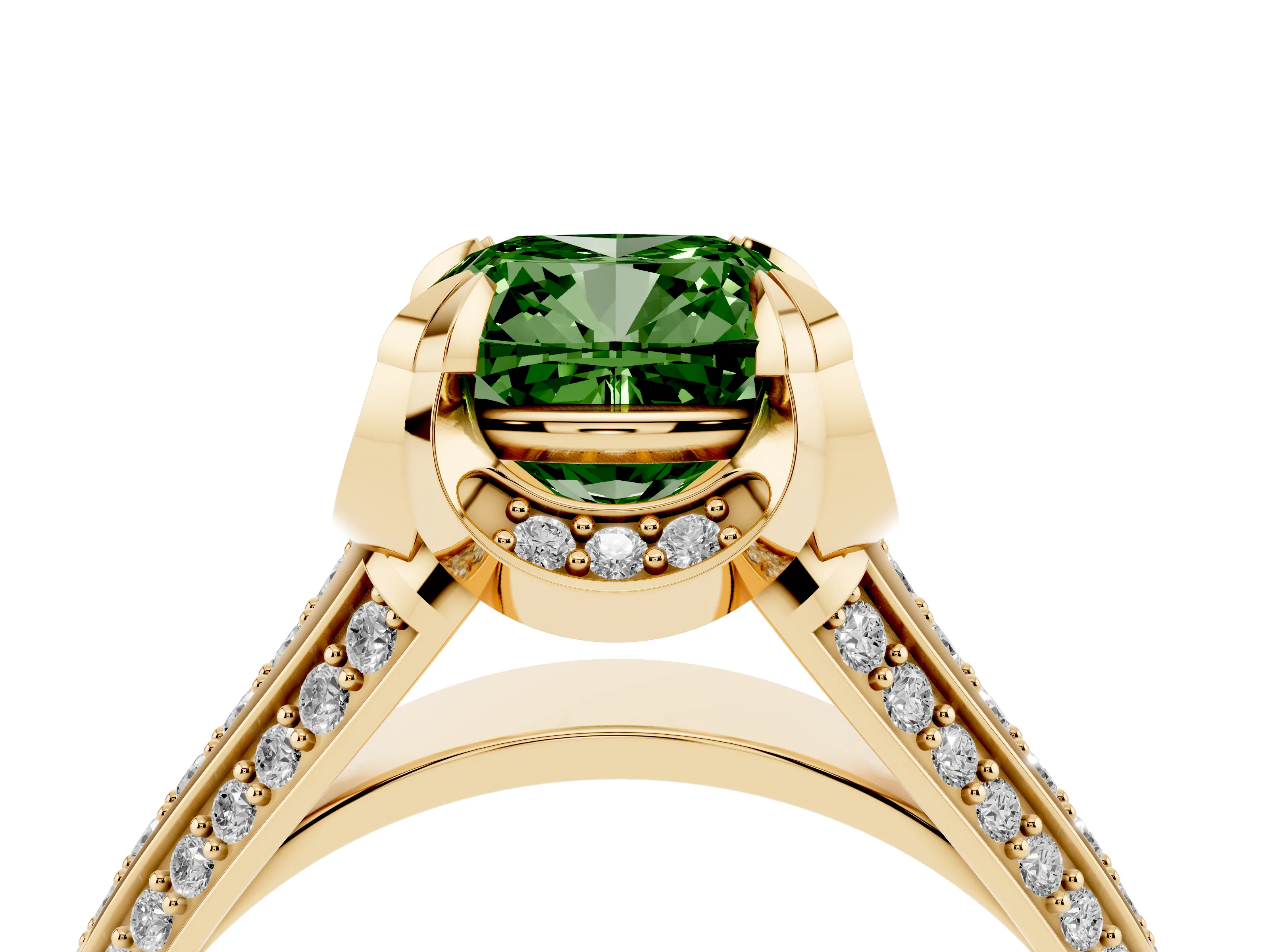 Fancy Green Cushion Cut Diamond Pavé Split Shank Solitaire Ring Set in Yellow gold with Prong Setting