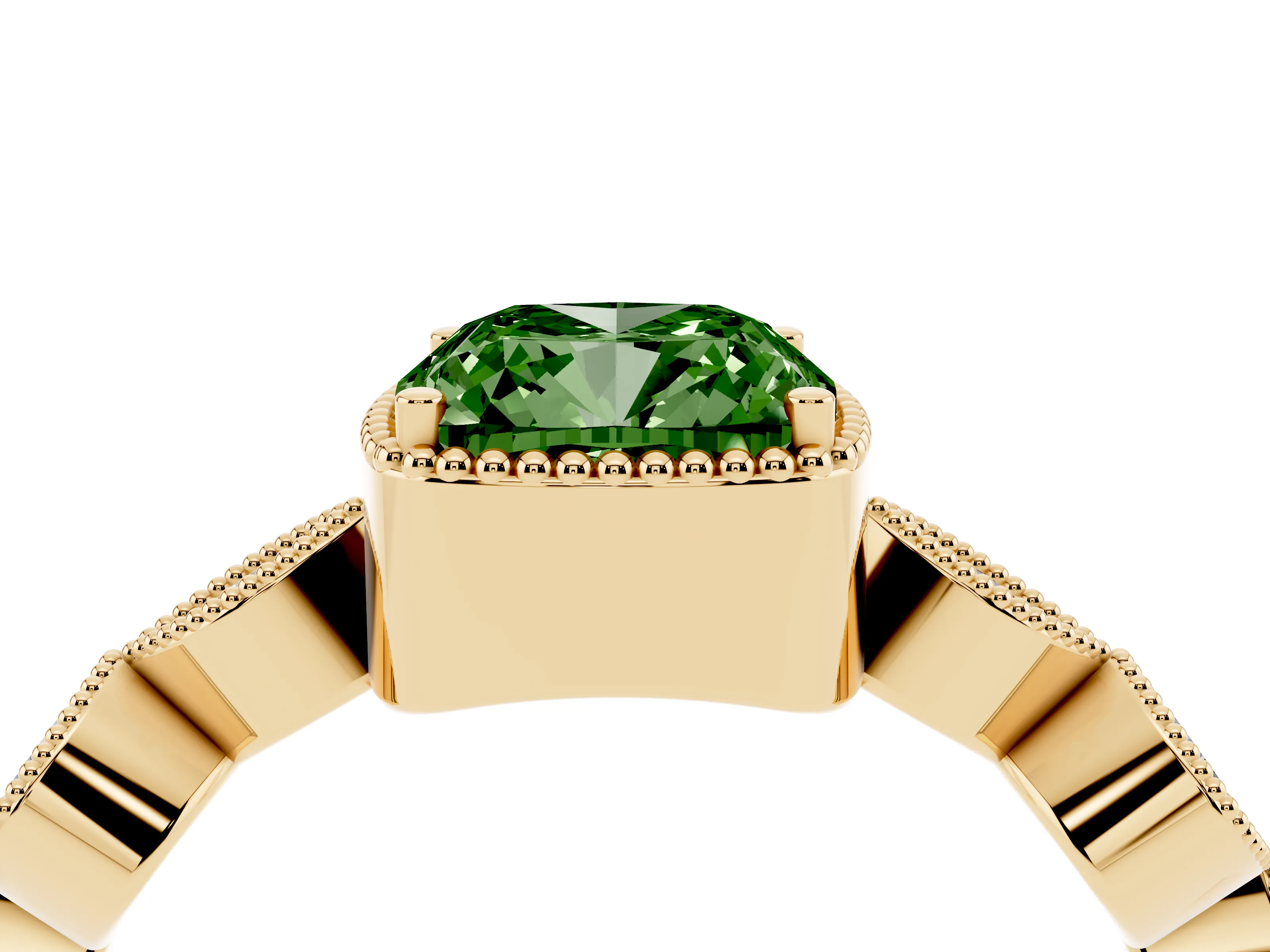 Fancy Green Cushion Cut Diamond Vintage-Inspired Milgrain Ring Set in Yellow gold with Marquise Stations of Round Accents