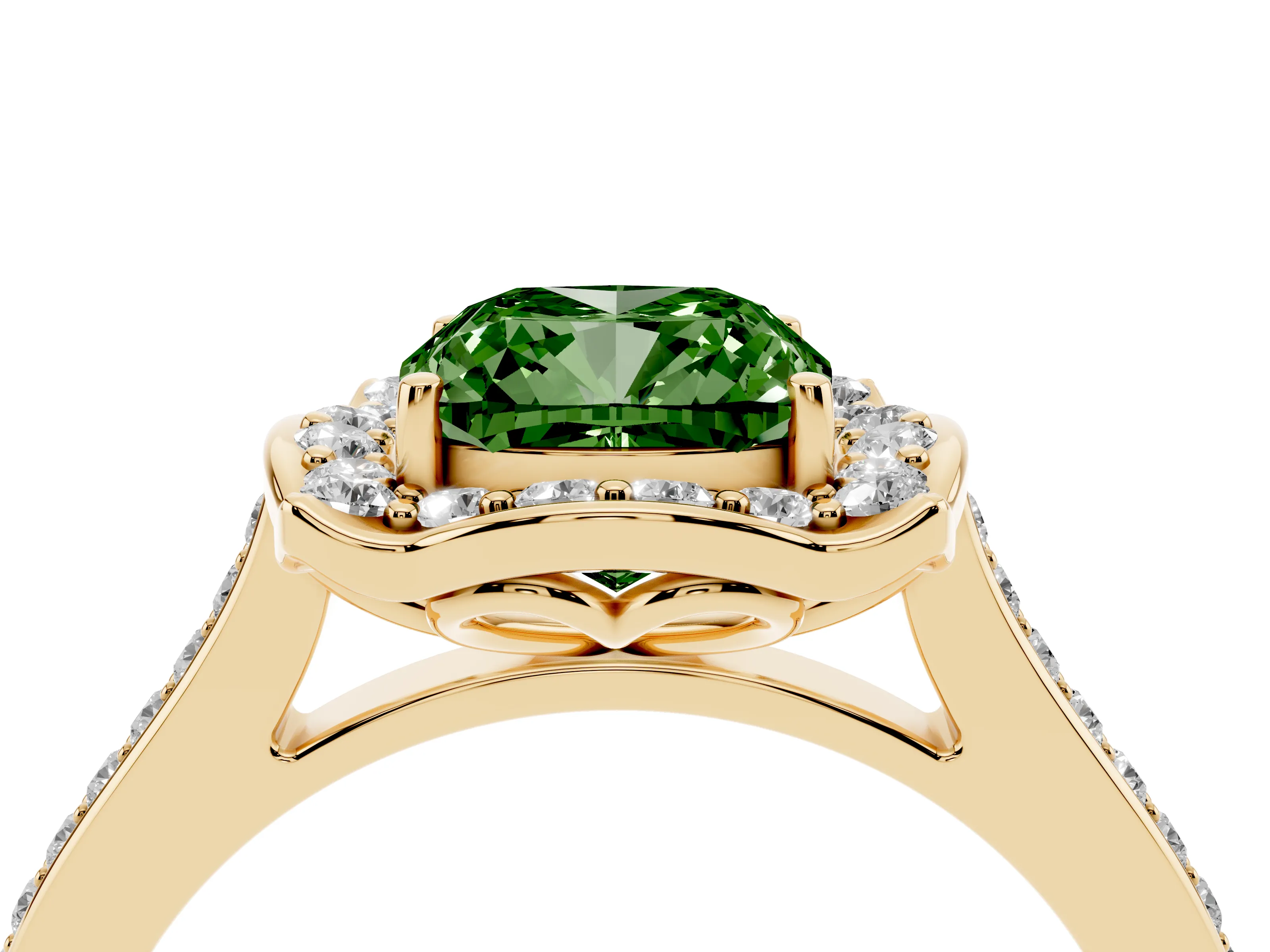 Fancy Green Cushion Cut Diamond Halo Ring Set in Yellow gold with Pavé-Lined Shoulders and Prong Setting