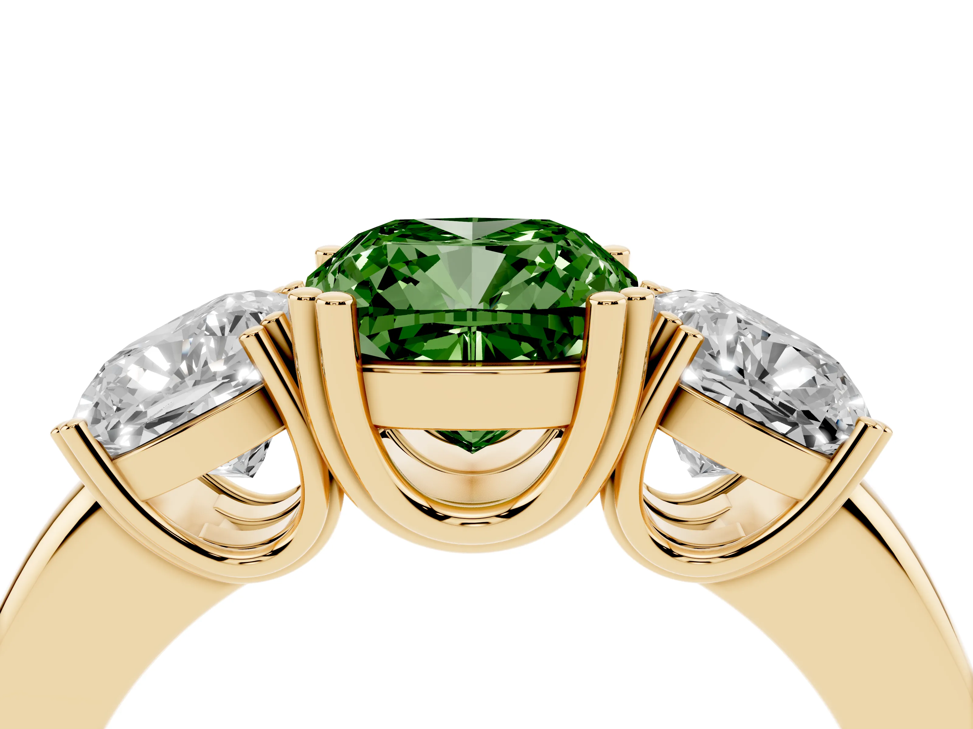 Fancy Green Cushion Cut Diamond Three-Stone Ring Set in Yellow gold with Polished Band and Prong Setting
