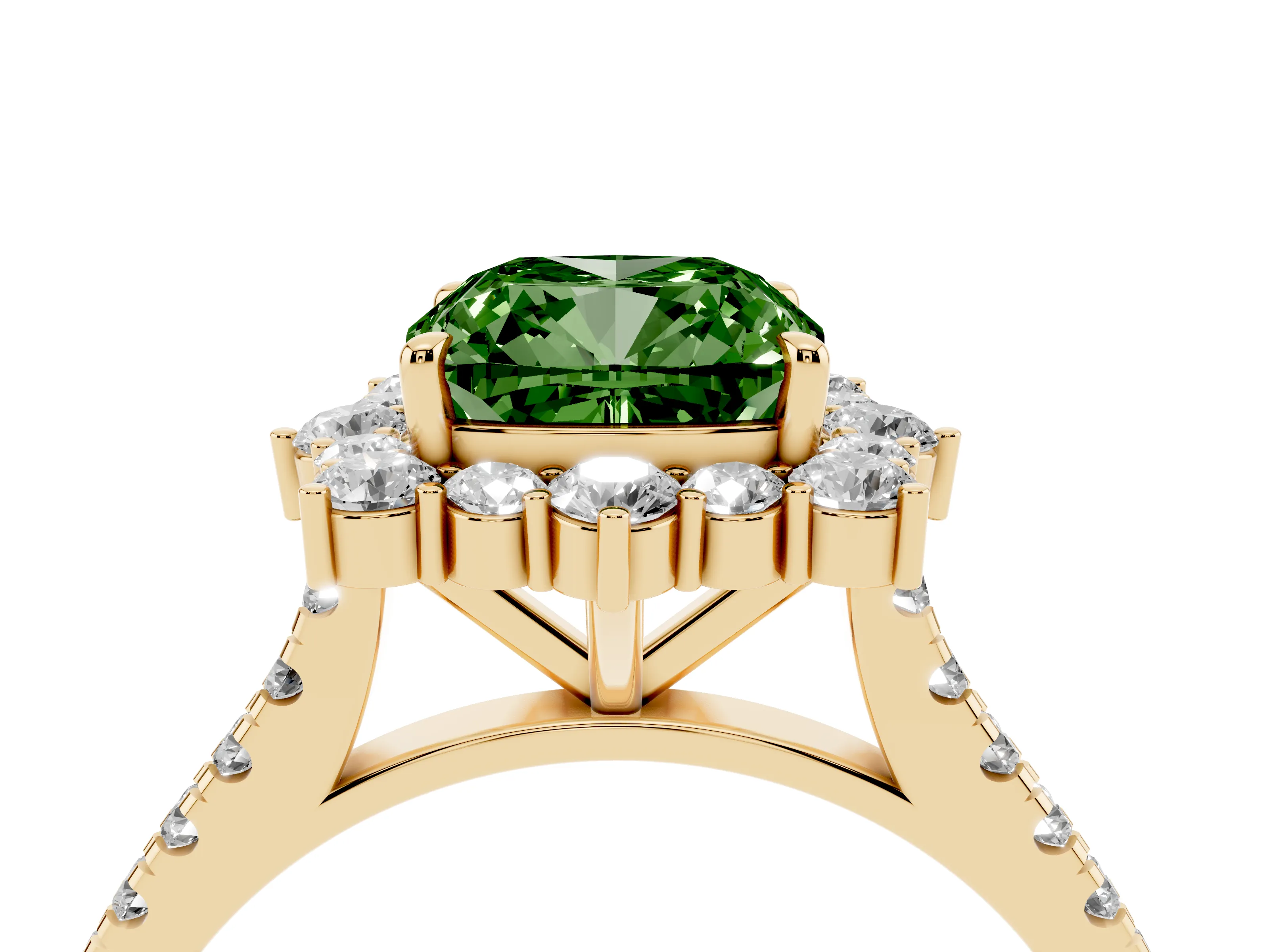 Fancy Green Cushion Cut Diamond Halo Ring Set in Yellow gold with Pavé Band and Prong Setting