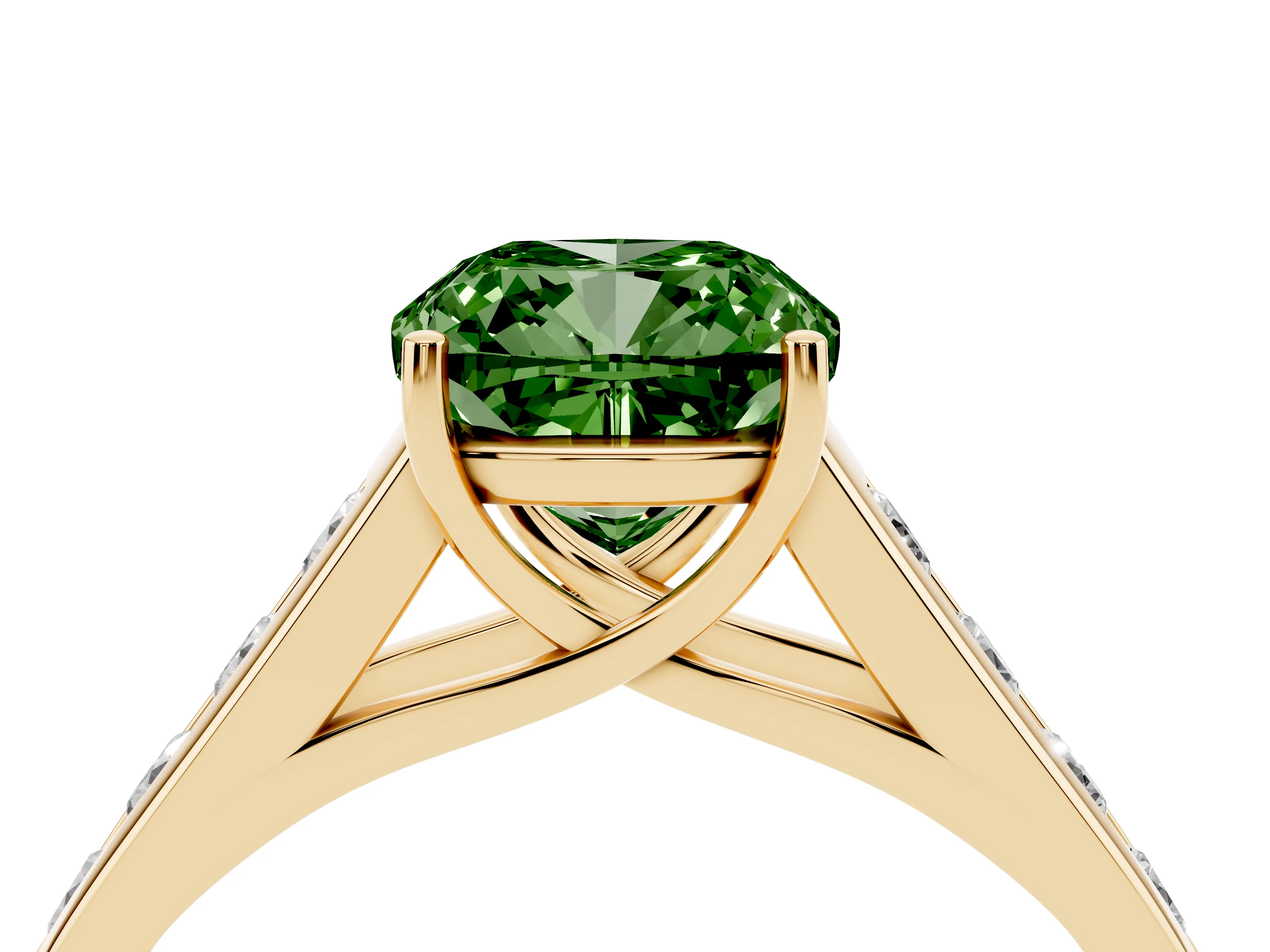 Fancy Green Cushion Cut Diamond Brilliant Channel-Set Solitaire Ring Set in Yellow gold with Prong Setting