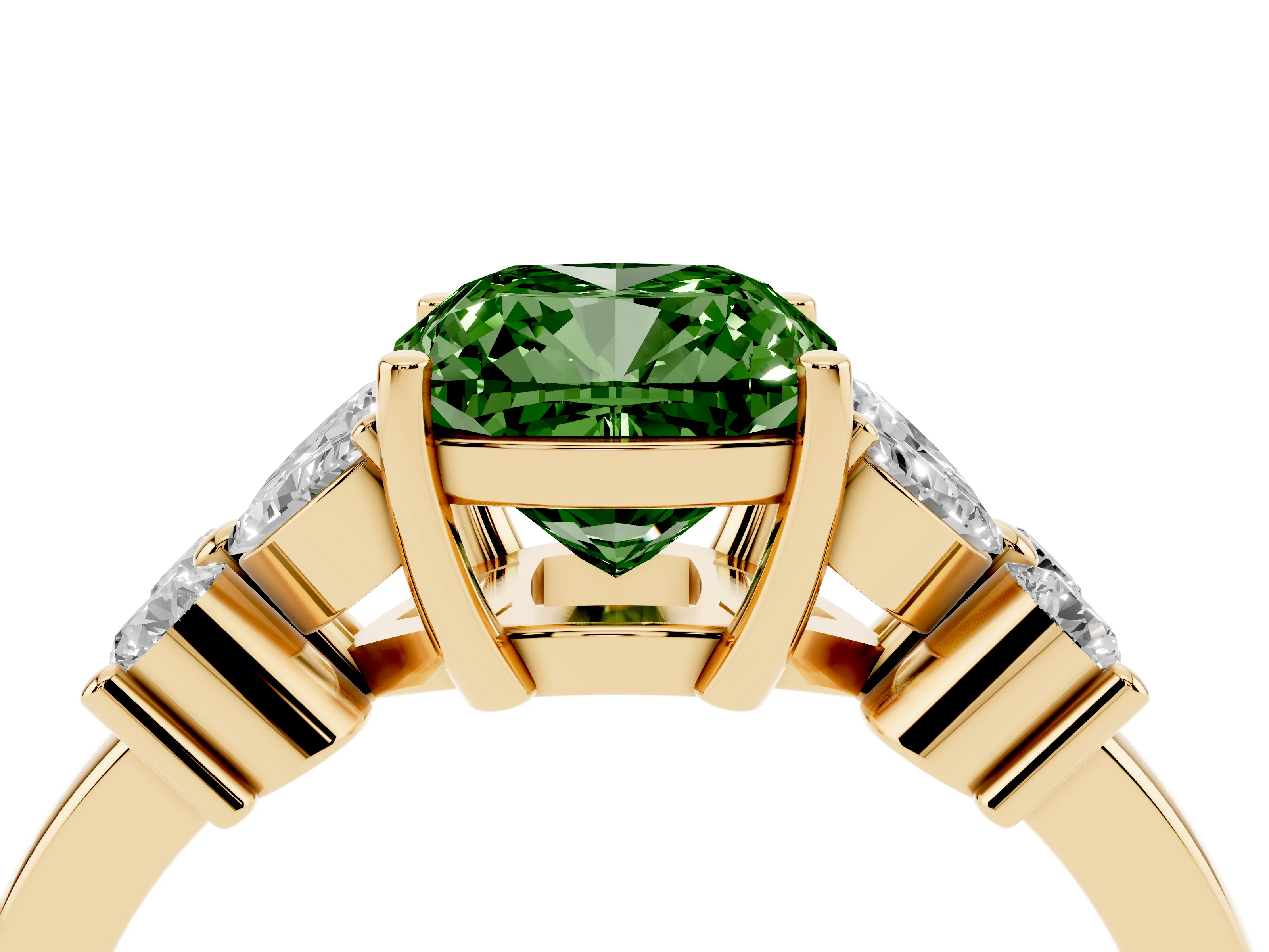 Fancy Green Cushion Cut Diamond Floral Cluster Ring Set in Yellow gold with Marquise Petals and Prong Setting