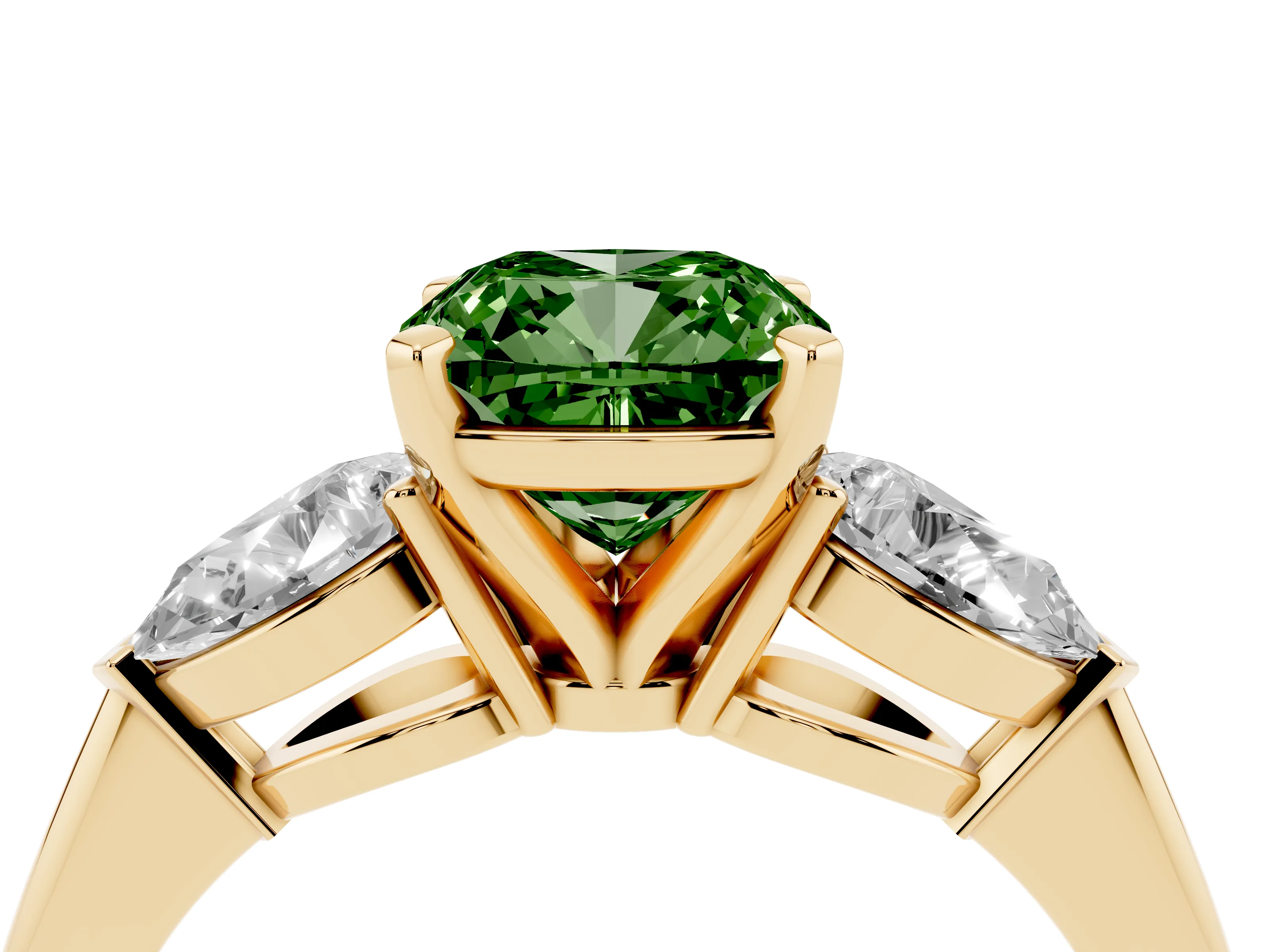 Fancy Green Three-Stone Cushion Cut Diamond Ring Set in Yellow gold with Pear Side Stones and Prong Setting