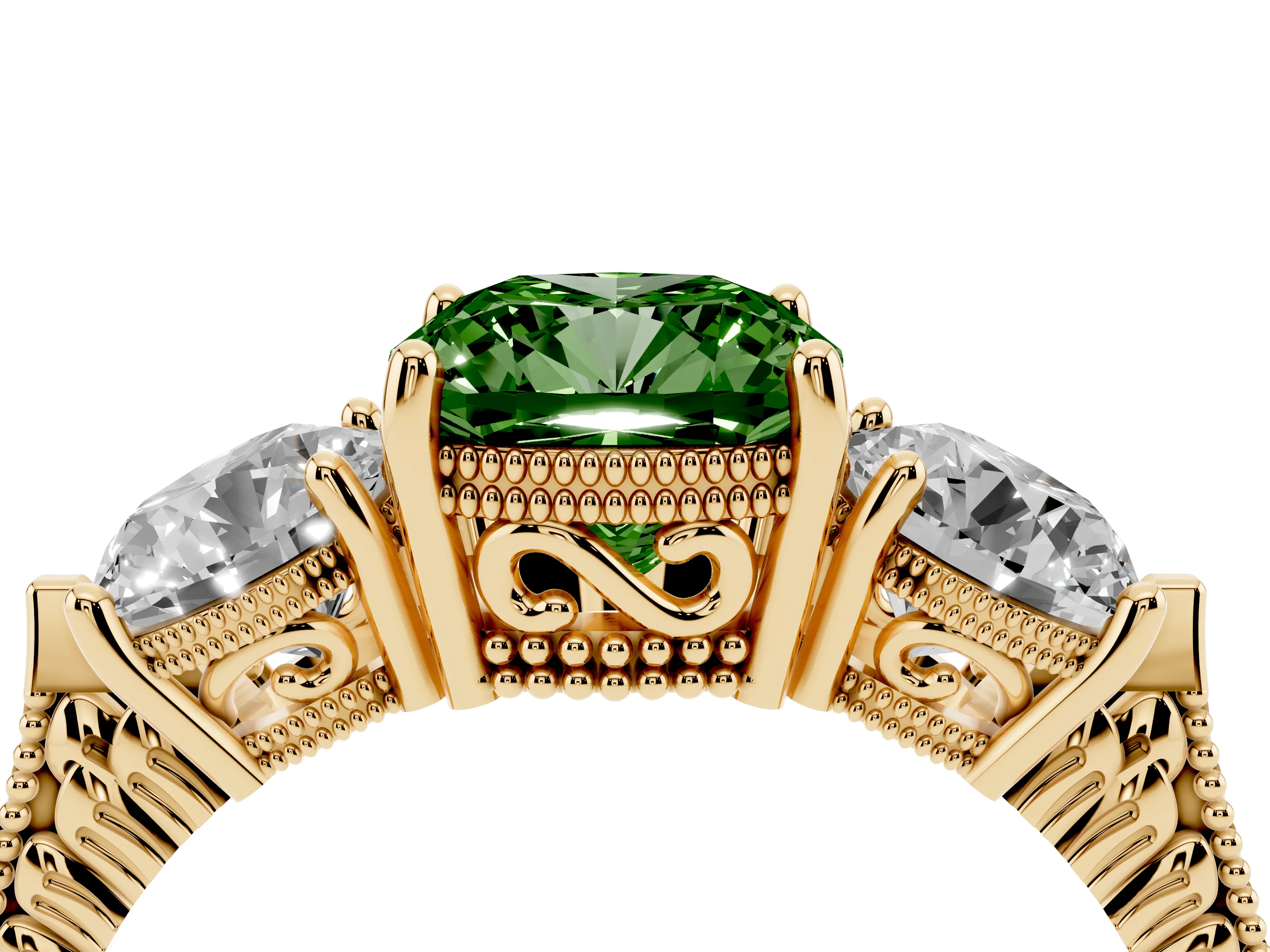 Fancy Green Cushion Cut Diamond Three-Stone Ring Set in Yellow gold with Milgrain Band