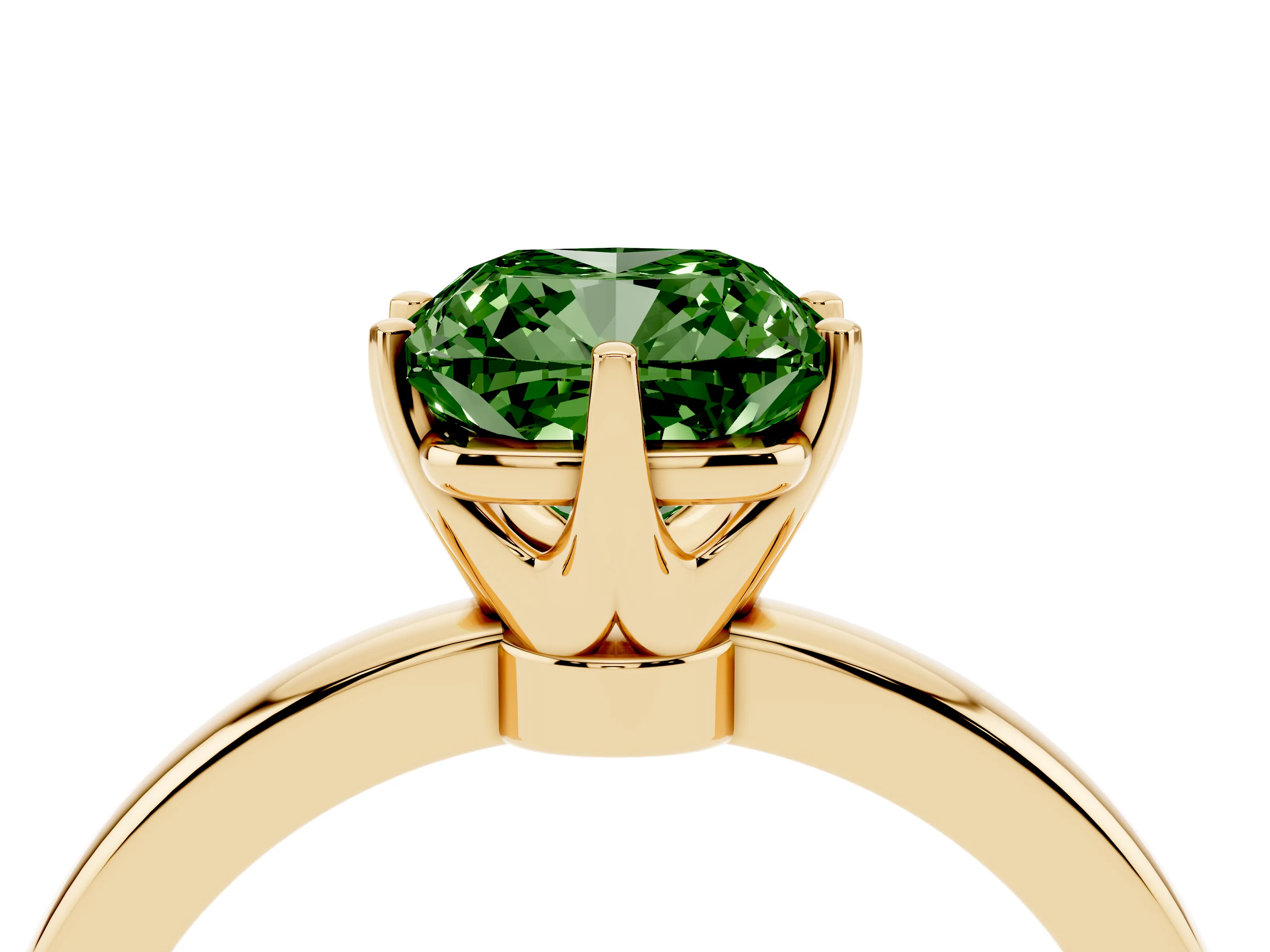 Fancy Green Cushion Cut Diamond Solitaire Ring Set in Yellow gold with Raised Prong Setting on a Classic Band