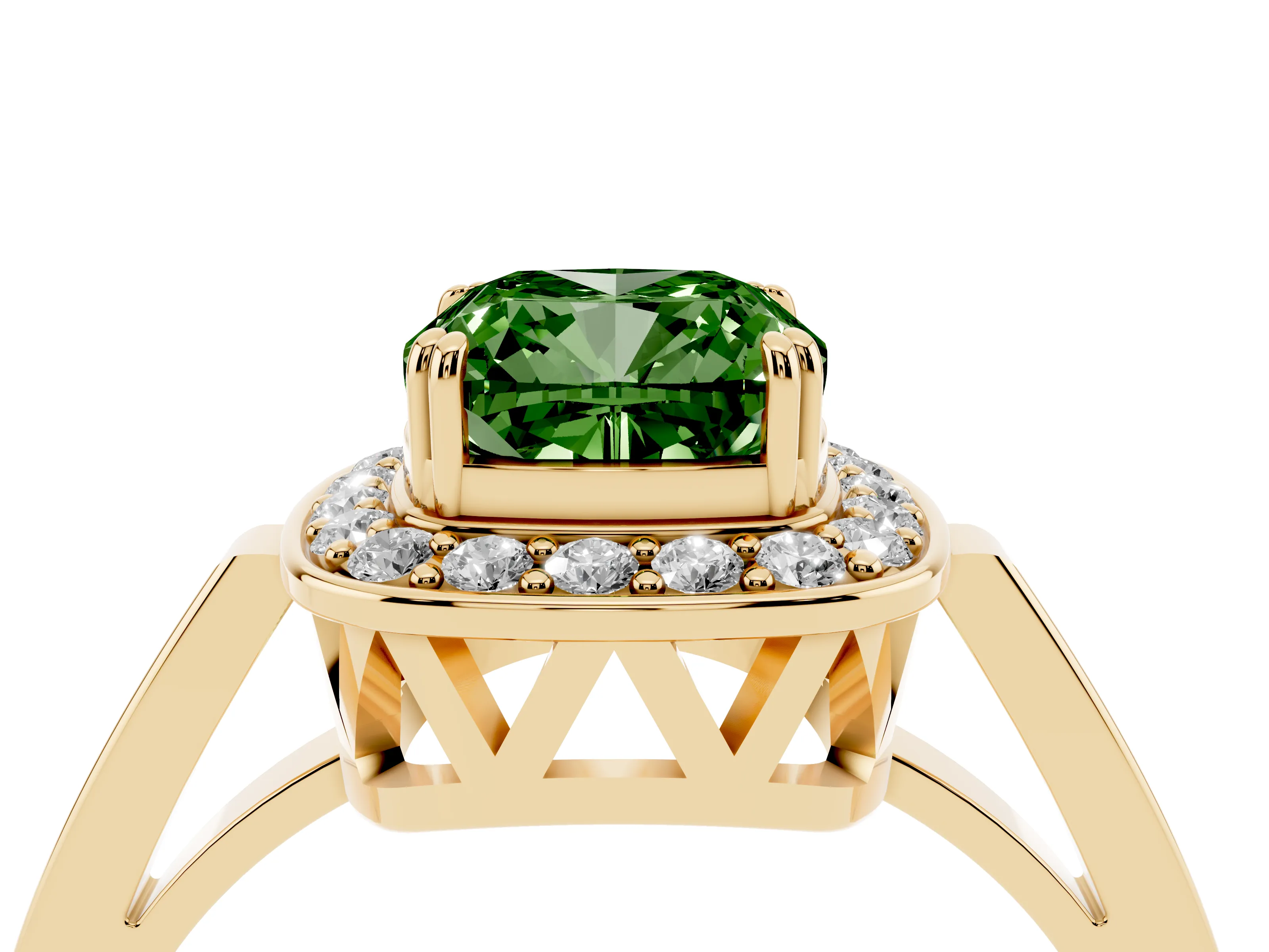 Fancy Green Cushion Cut Diamond Halo Ring Set in Yellow gold with Accent-Lined Split Shank and Prong Setting