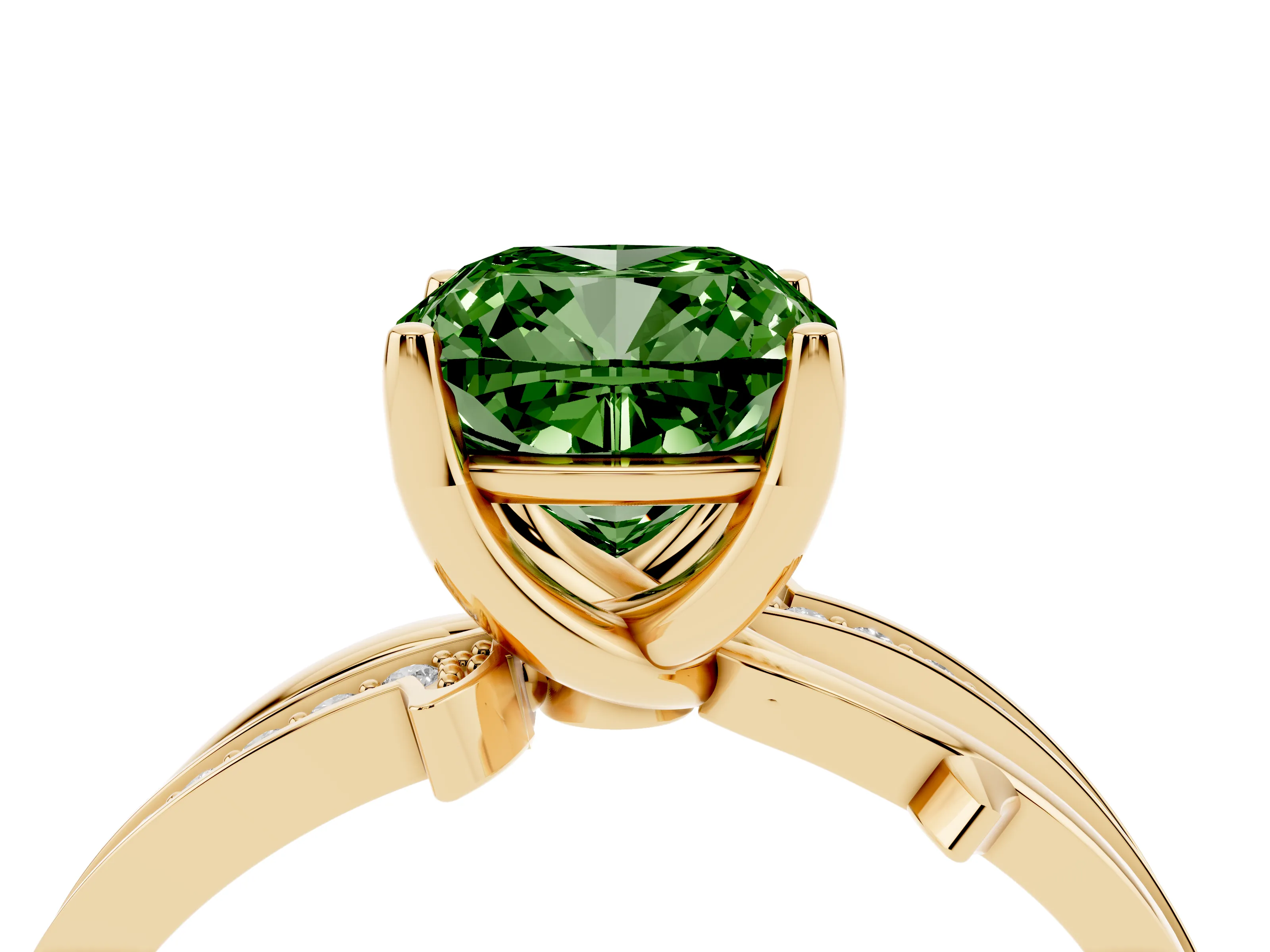 Fancy Green Cushion Cut Diamond Pavé Twist Band Solitaire Ring Set in Yellow gold with Prong Setting