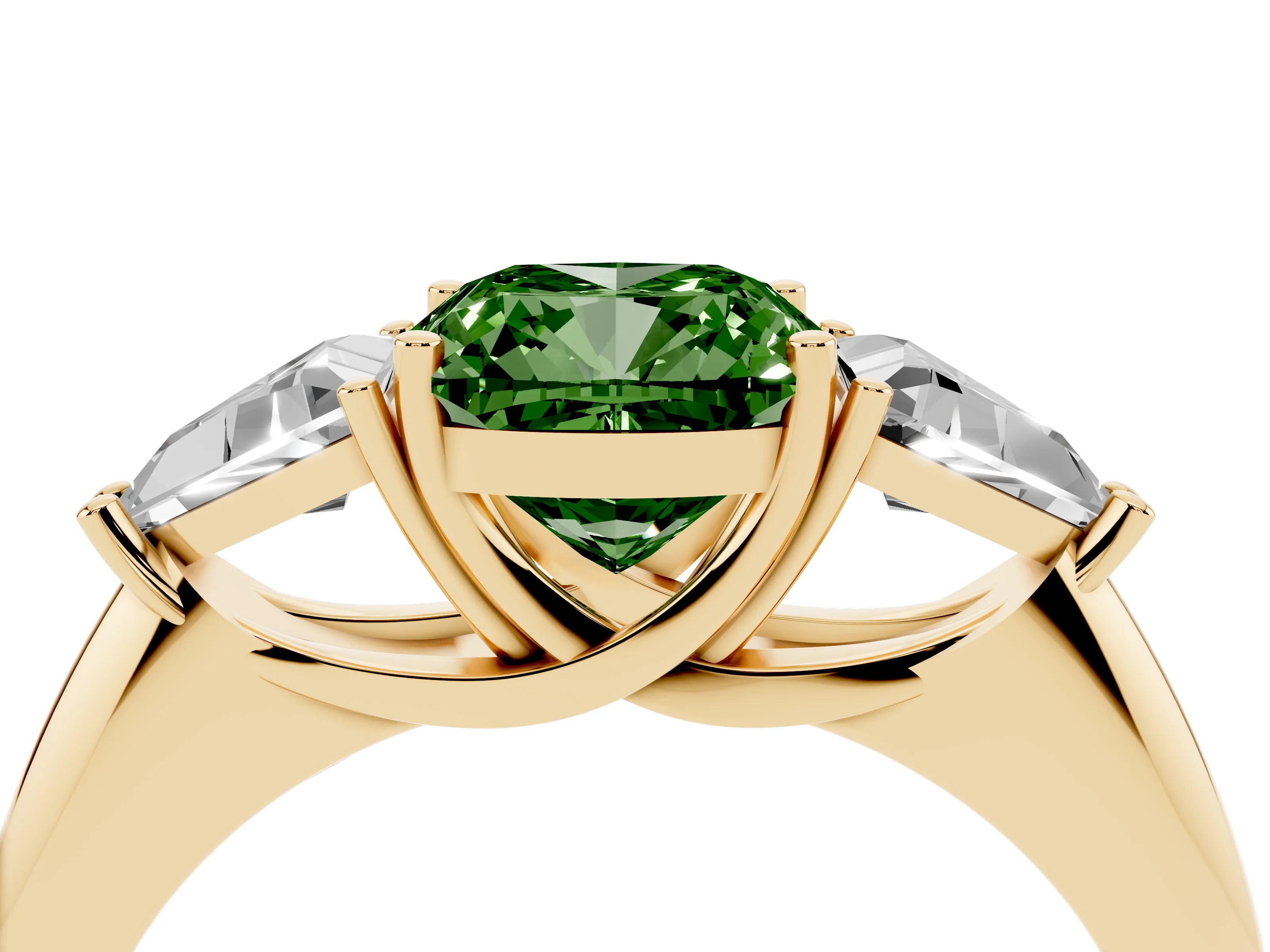 Fancy Green Cushion Cut Diamond Three-Stone Engagement Ring Set in Yellow gold with Trillion Side Stones