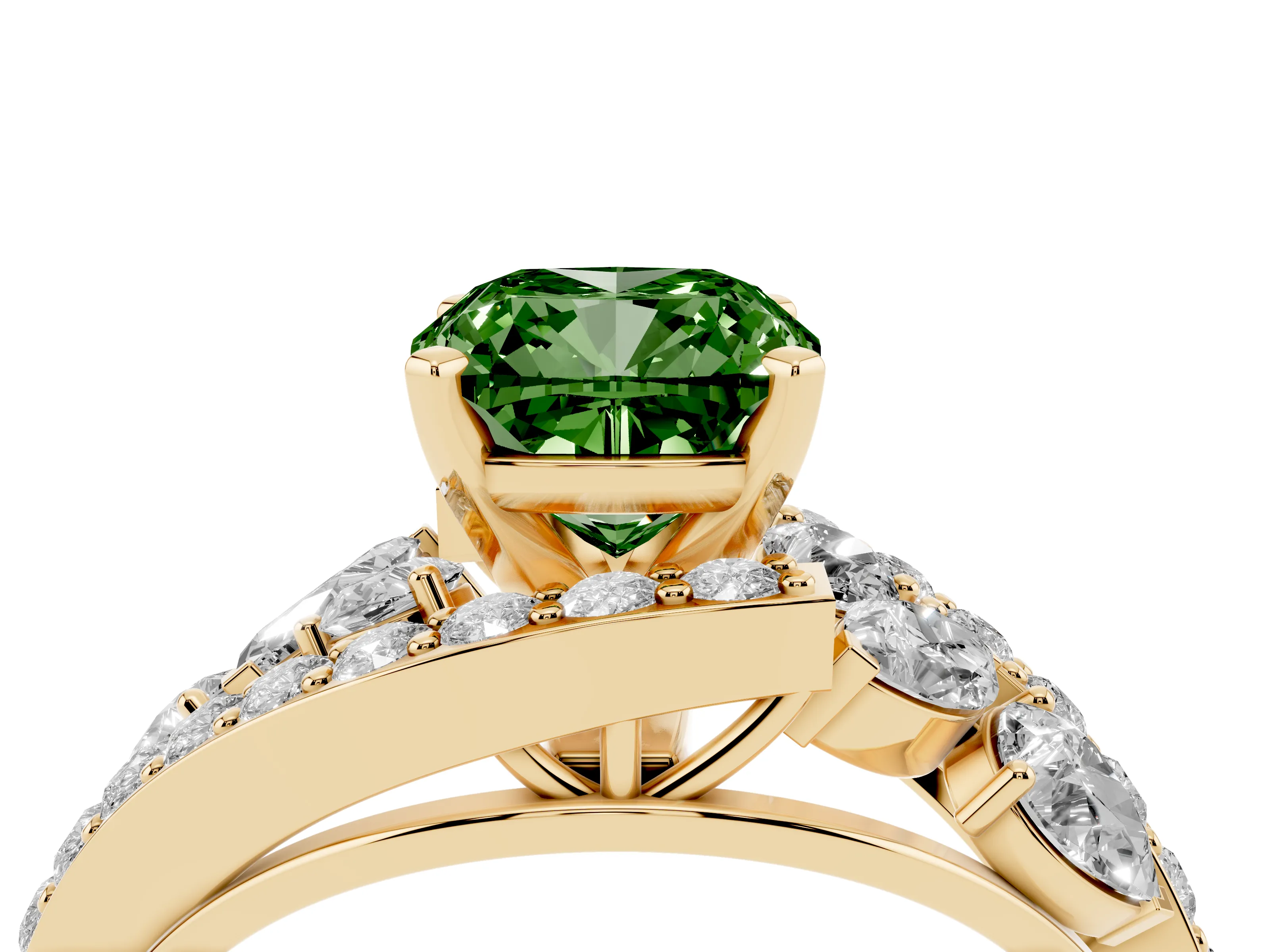 Fancy Green Cushion Cut Diamond Halo Ring Set in Yellow gold with Marquise and Pavé Band in Prong Setting