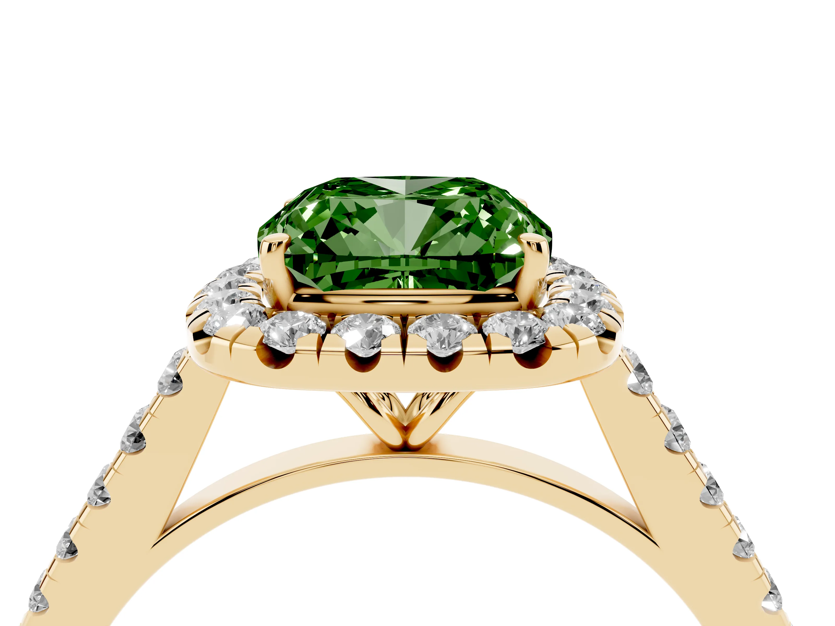 Fancy Green Cushion Cut Diamond Halo Pavé Engagement Ring Set in Yellow gold with Prong Setting