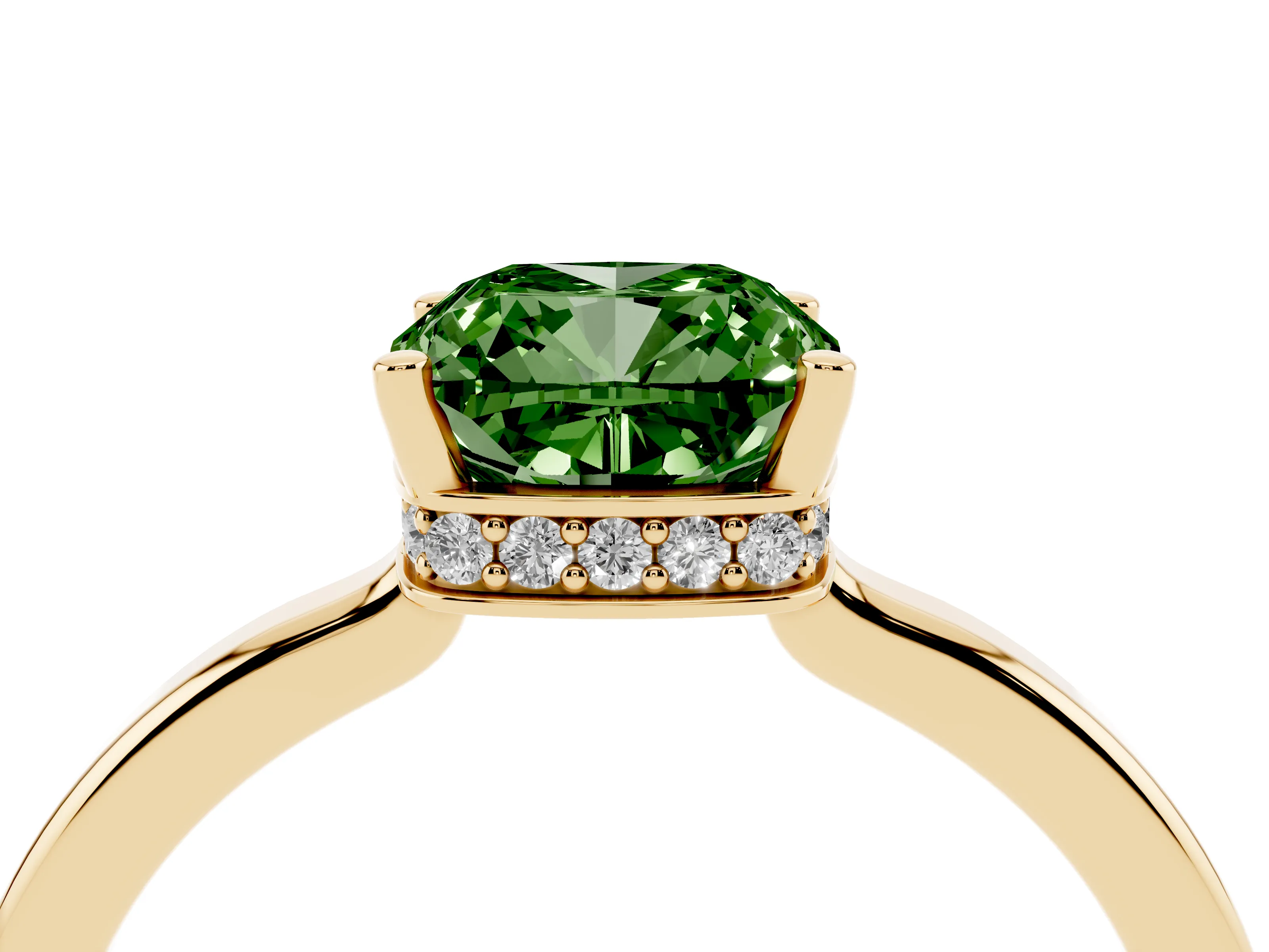 Fancy Green Cushion Cut Diamond Solitaire Engagement Ring Set in Yellow gold with Prong Setting on a Plain Band