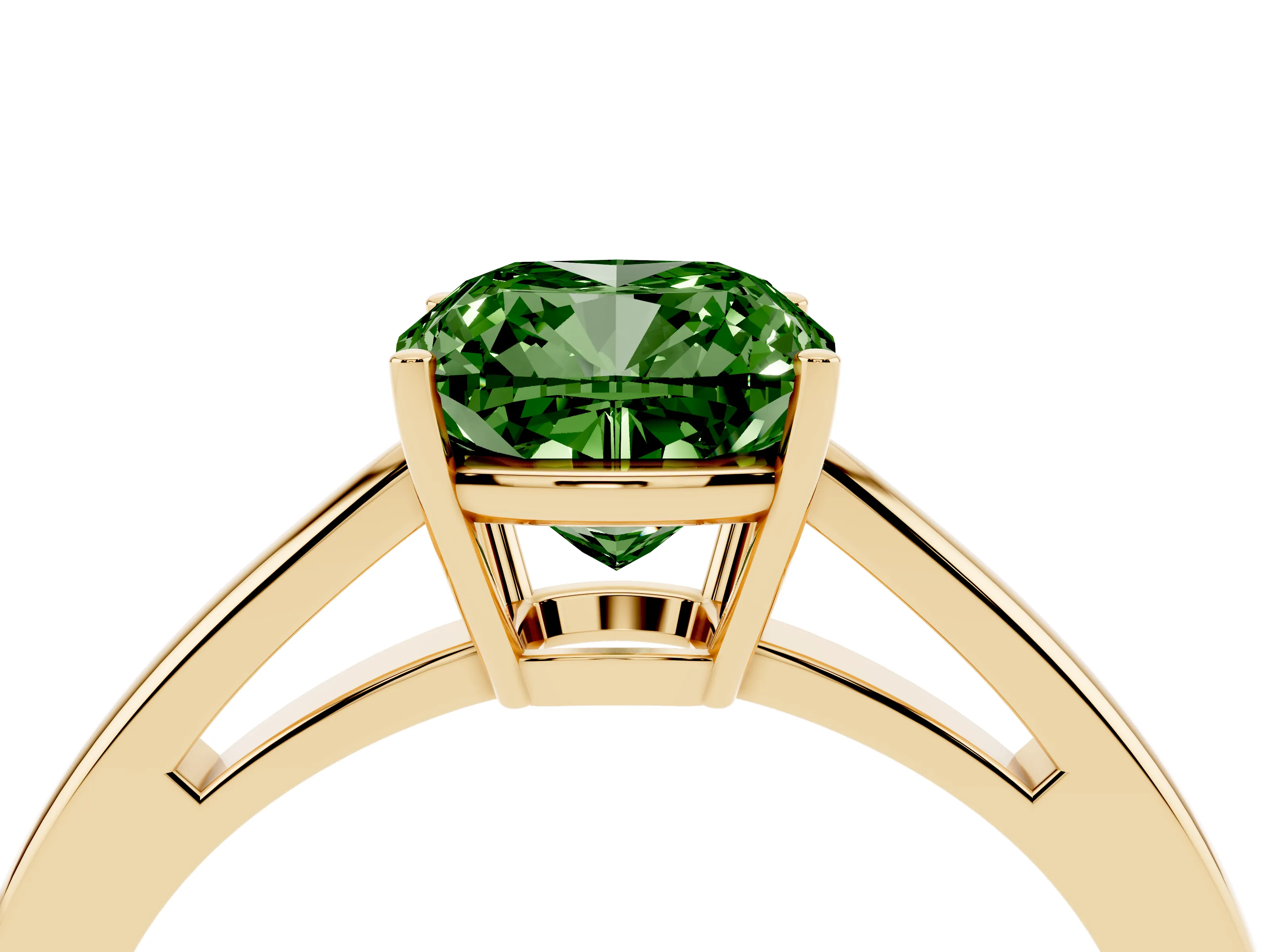 Fancy Green Cushion Cut Diamond Solitaire Ring Set in Yellow gold with Split Shank and Prong Setting