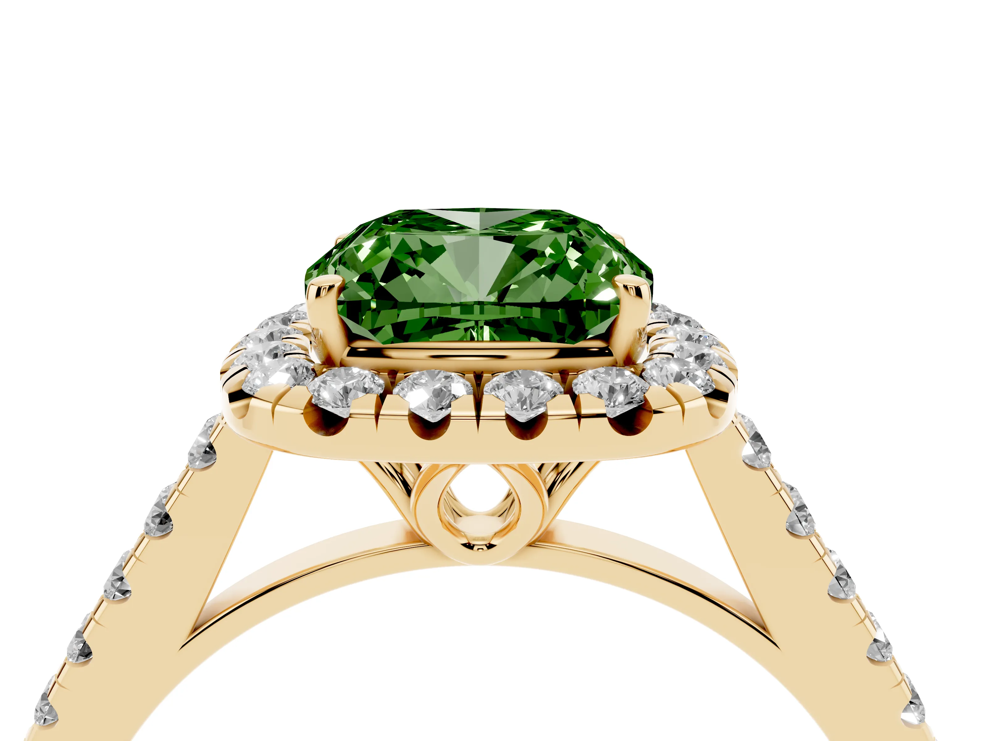 Fancy Green Cushion Cut Diamond Pavé Halo Engagement Ring Set in Yellow gold with Pavé Band and Prong Setting