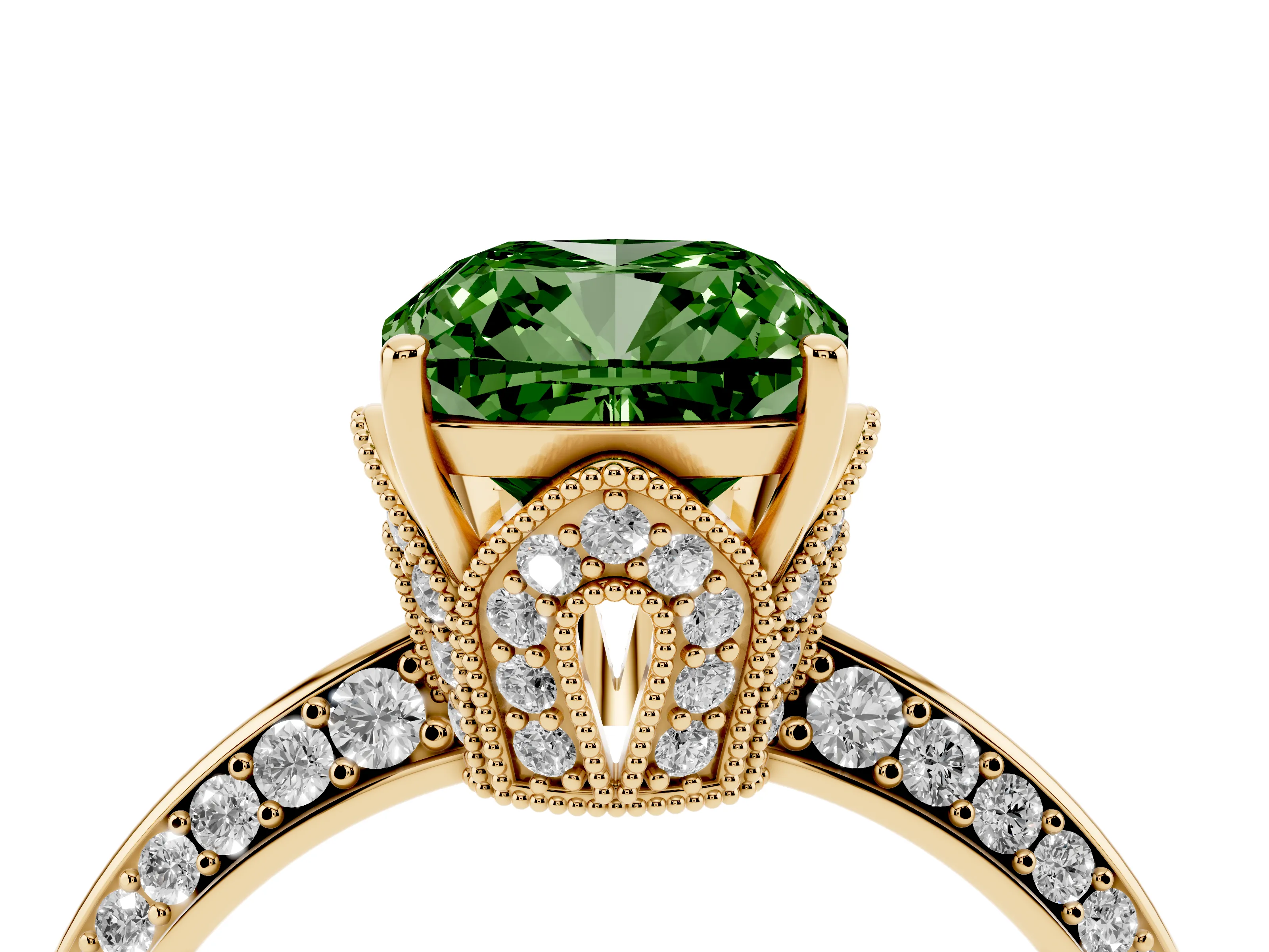 Fancy Green Cushion Cut Diamond Solitaire Engagement Ring Set in Yellow gold with Pavé Split Shank and Prong Setting