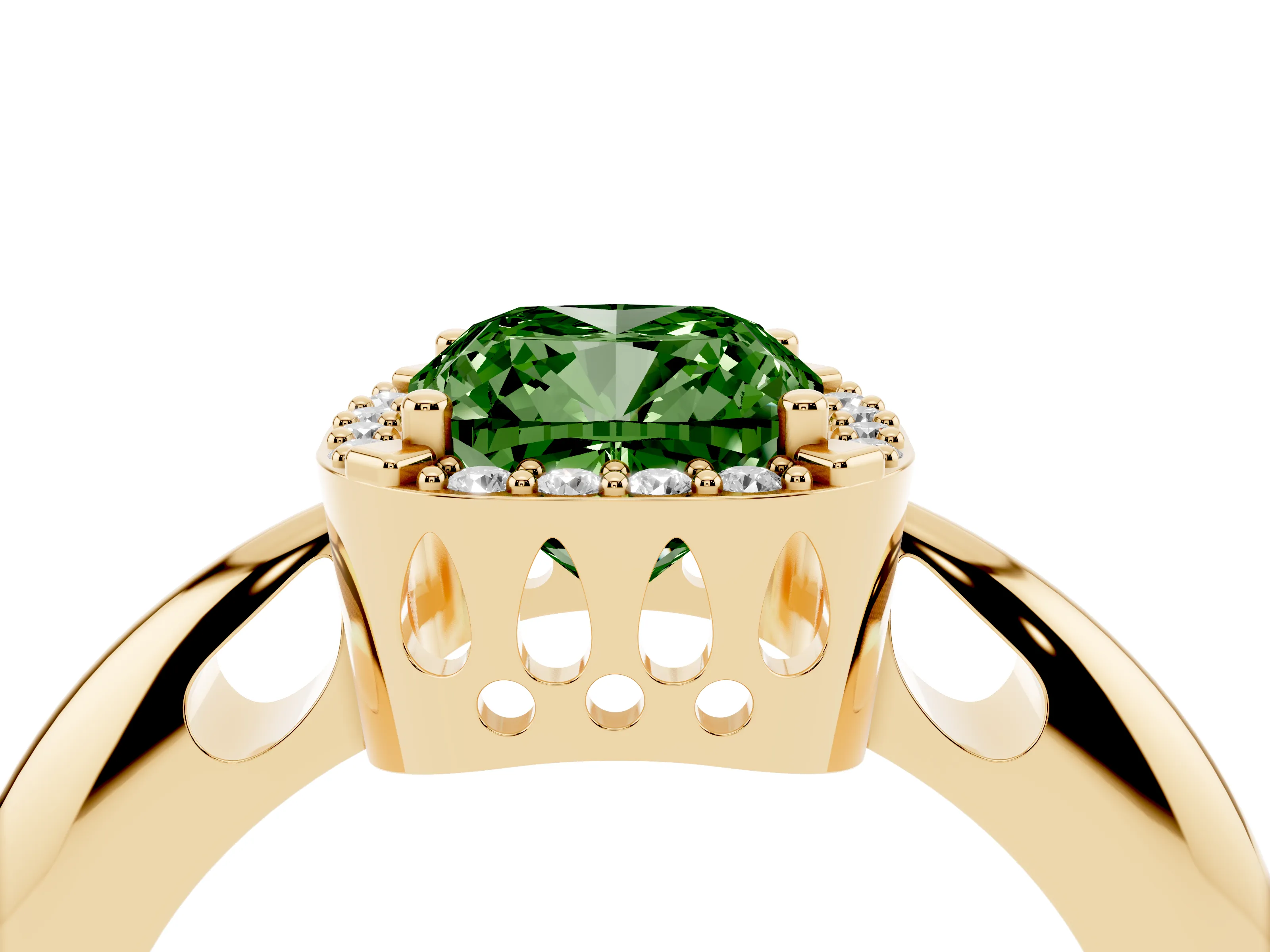 Fancy Green Cushion Cut Diamond Halo Engagement Ring Set in Yellow gold with Plain Split Shank and Prong Setting