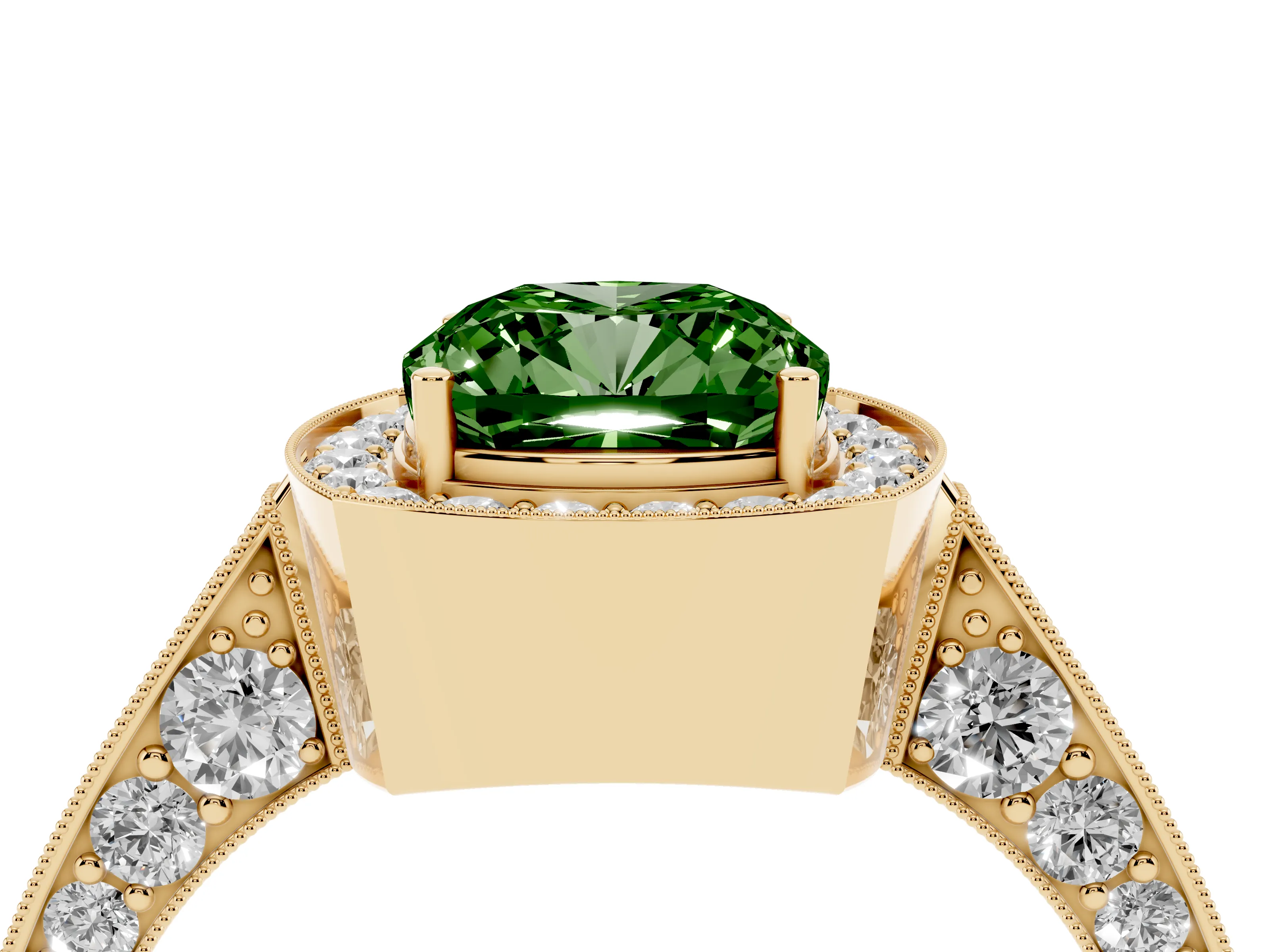 Fancy Green Cushion Cut Diamond Halo Engagement Ring Set in Yellow gold with Accent Split Shank Band