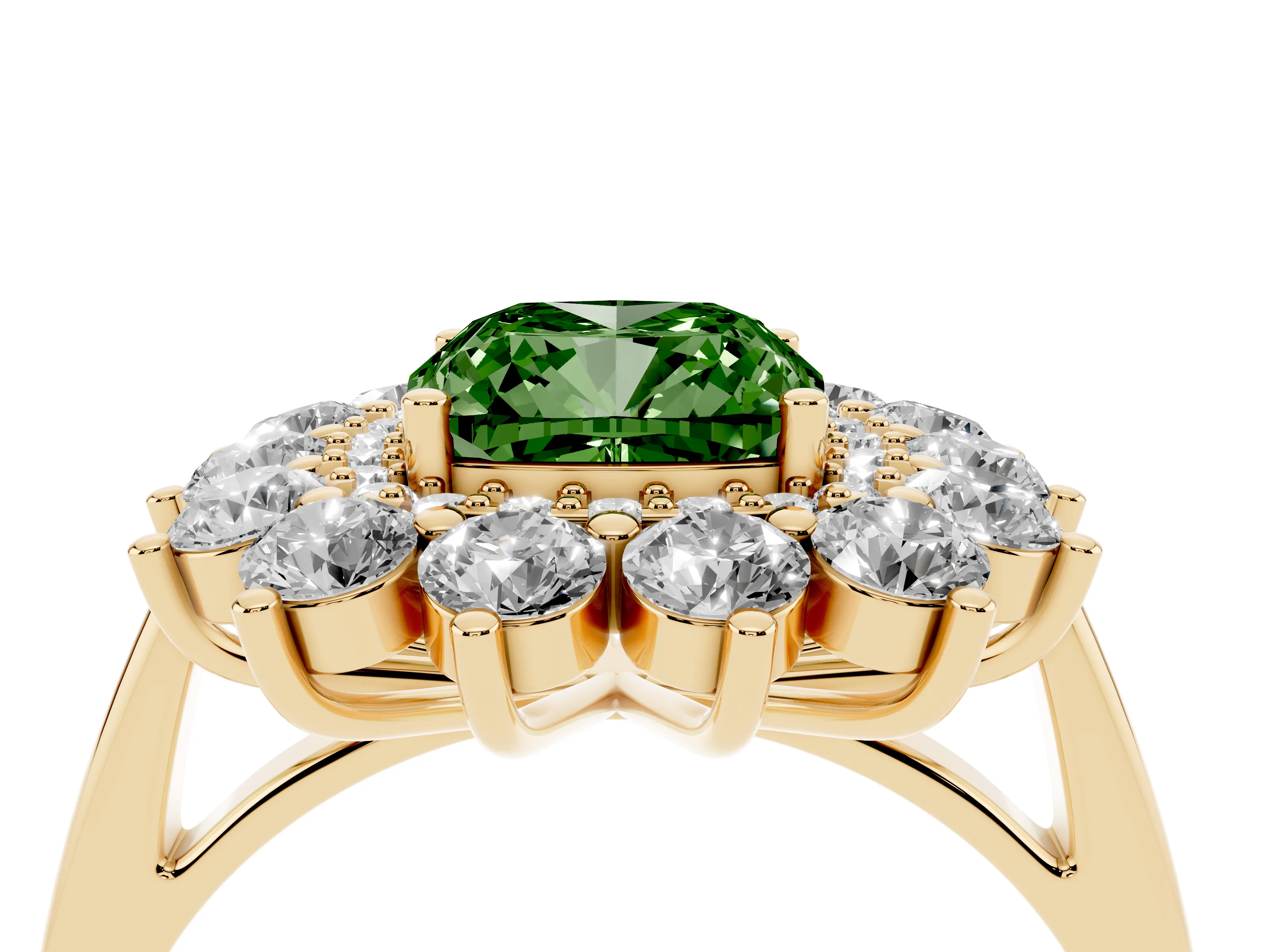 Fancy Green Cushion Cut Diamond Floral Double Halo Ring Set in Yellow gold with Round Petals