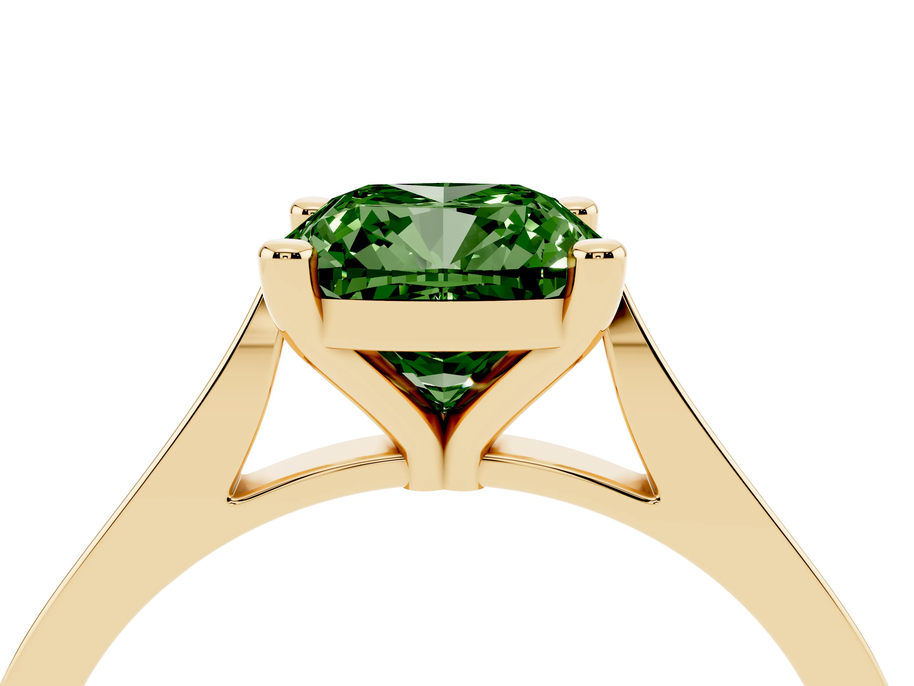 Fancy Green Cushion Cut Diamond Solitaire Ring Set in Yellow gold with Prong Setting and Tapered Band