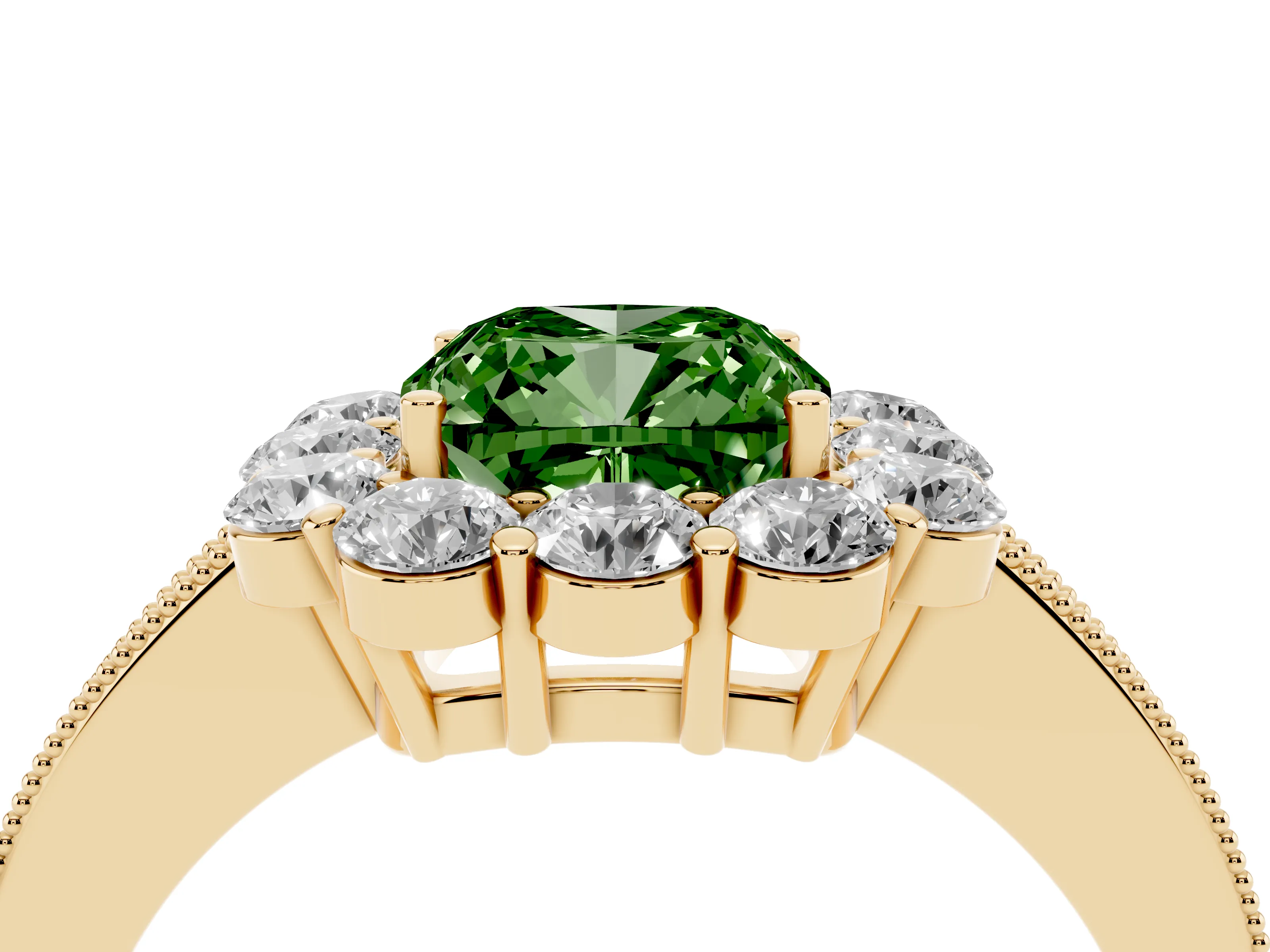 Fancy Green Cushion Cut Diamond Halo Pavé Engagement Ring Set in Yellow gold with Milgrain Detailing