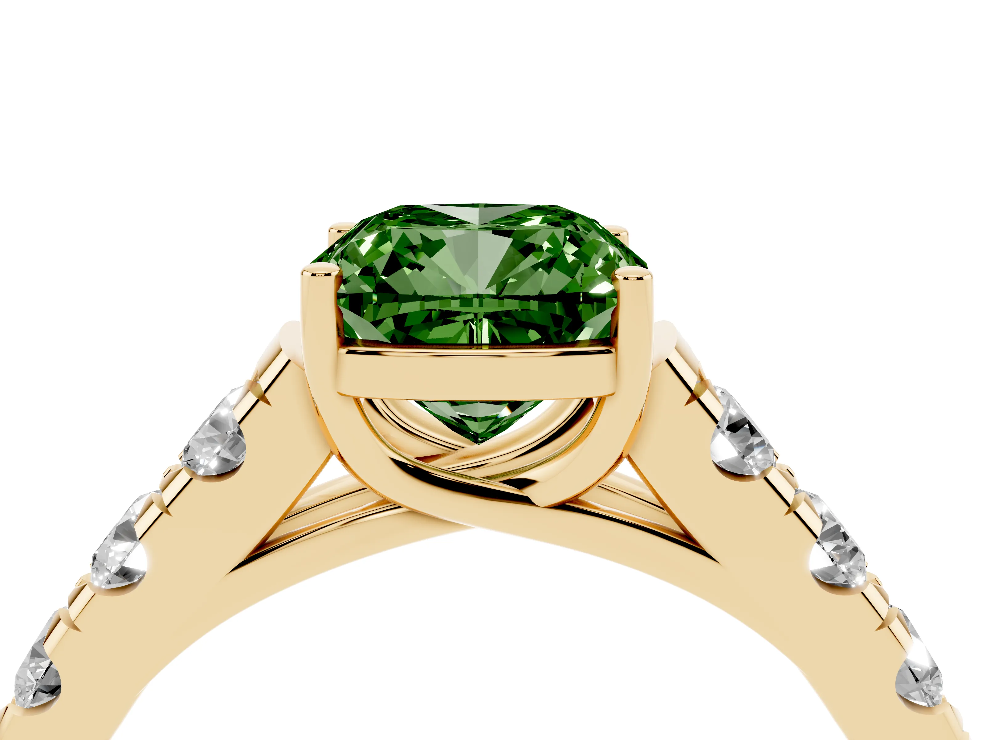 Fancy Green Cushion Cut Diamond Solitaire Ring Set in Yellow gold with Cut-Down Micro Pavé Band and Prong Setting