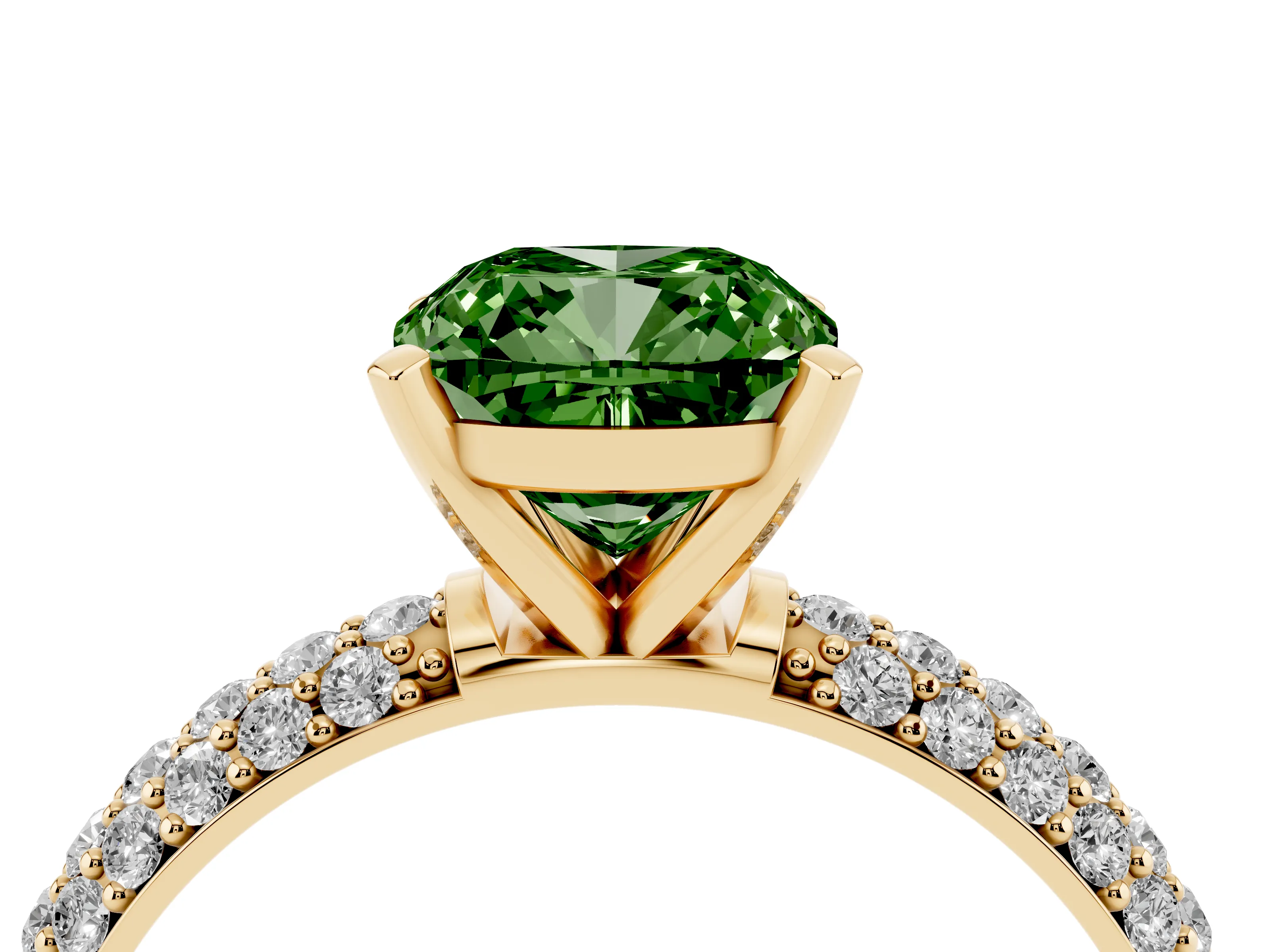 Fancy Green Cushion Cut Diamond Solitaire Ring Set in Yellow gold with Prong Setting and Pavé-Set Band