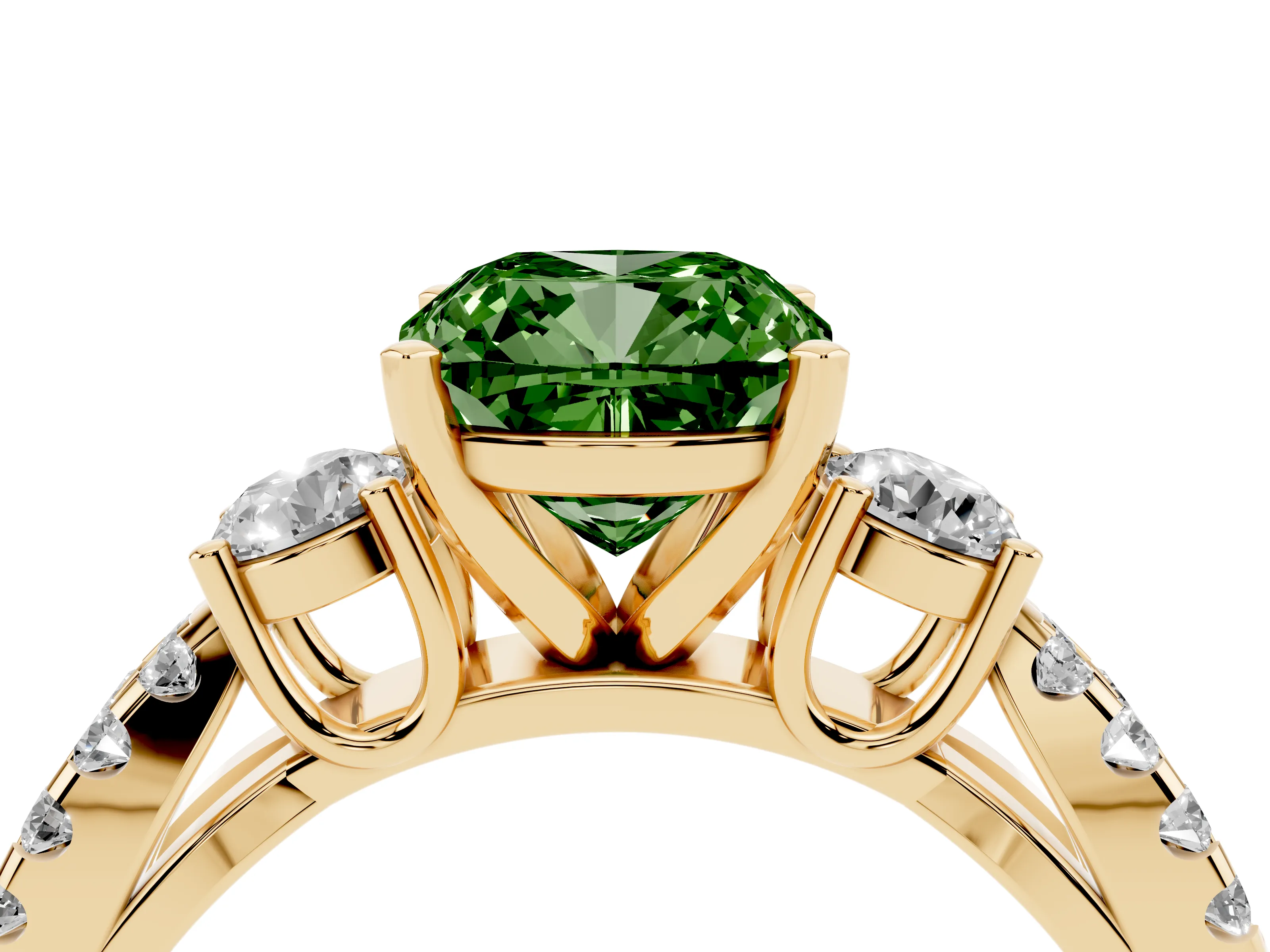 Fancy Green Cushion Cut Diamond Three-Stone Ring Set in Yellow gold with Pavé Split Shank and Prong Setting
