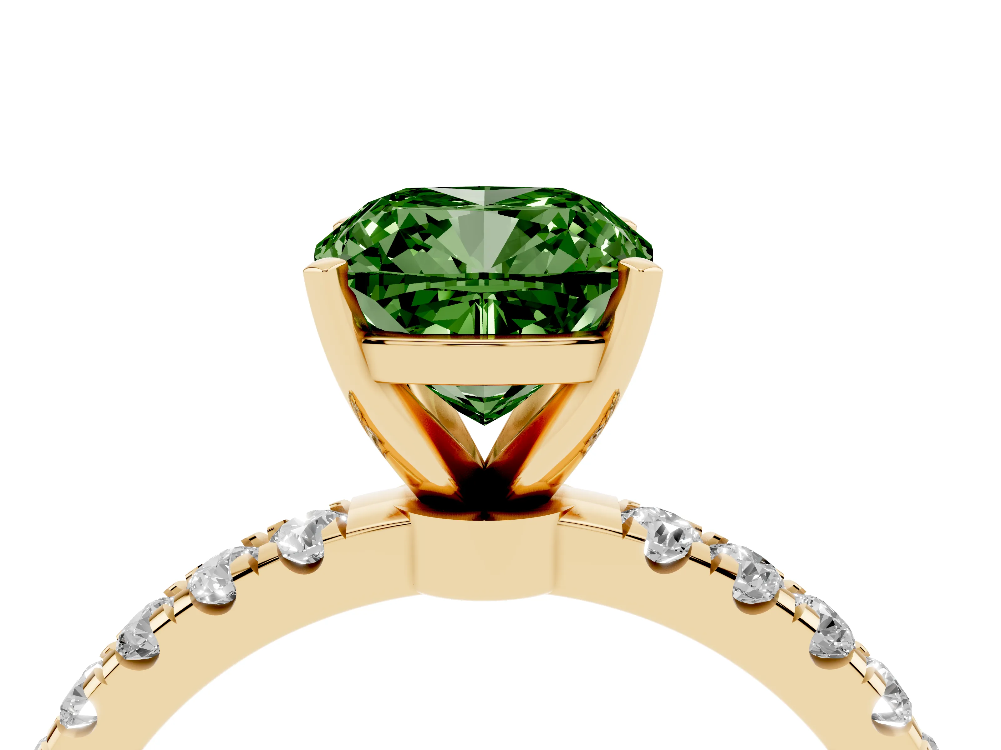 Fancy Green Cushion Cut Diamond Solitaire Ring Set in Yellow gold with Pavé Accents and Prong Setting
