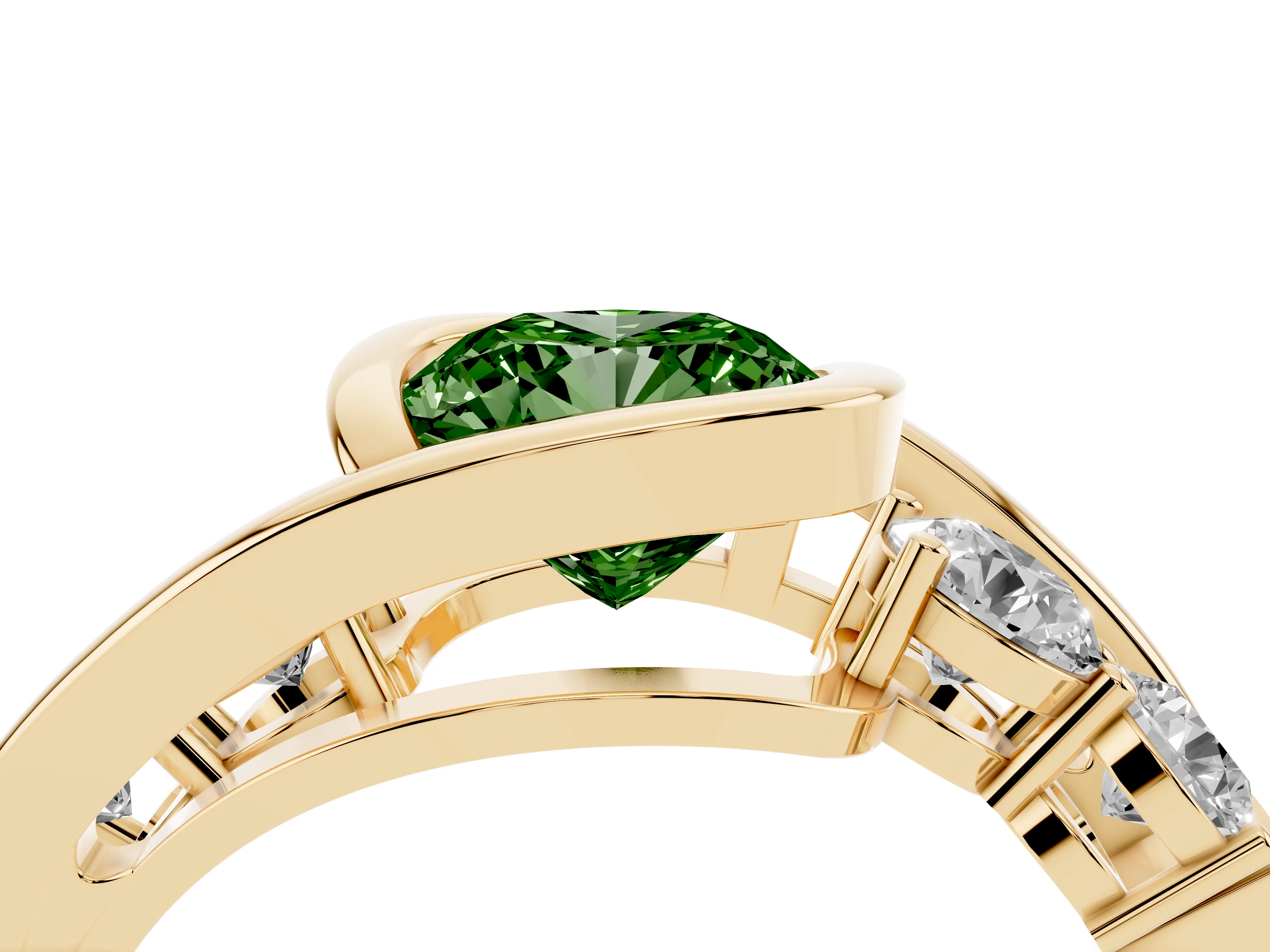 Fancy Green Cushion Cut Diamond Bezel Bypass Ring Set in Yellow gold with Round Accents