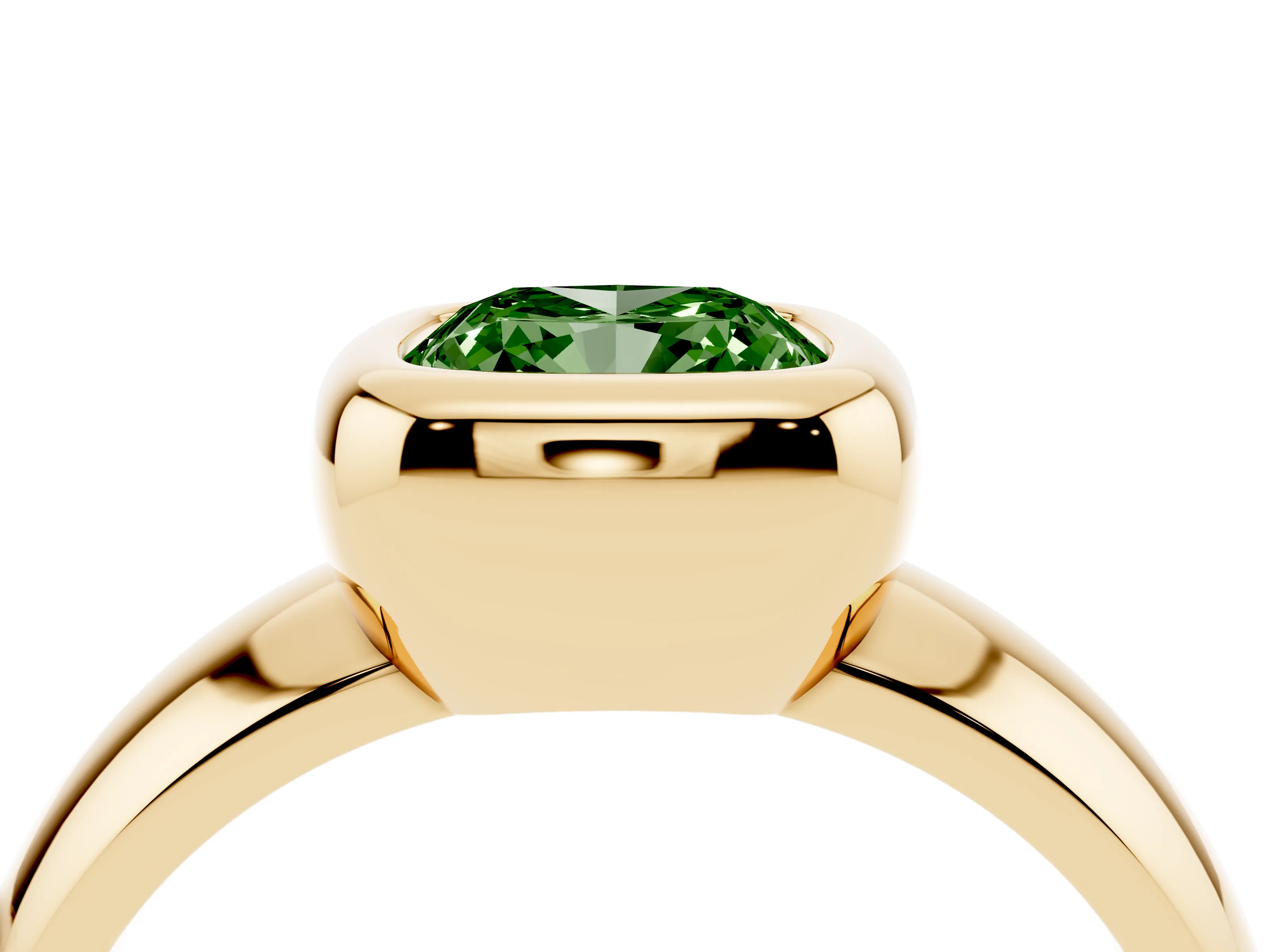Fancy Green Bezel Set Cushion Cut Diamond Solitaire Ring Set in Yellow gold with Wide Band
