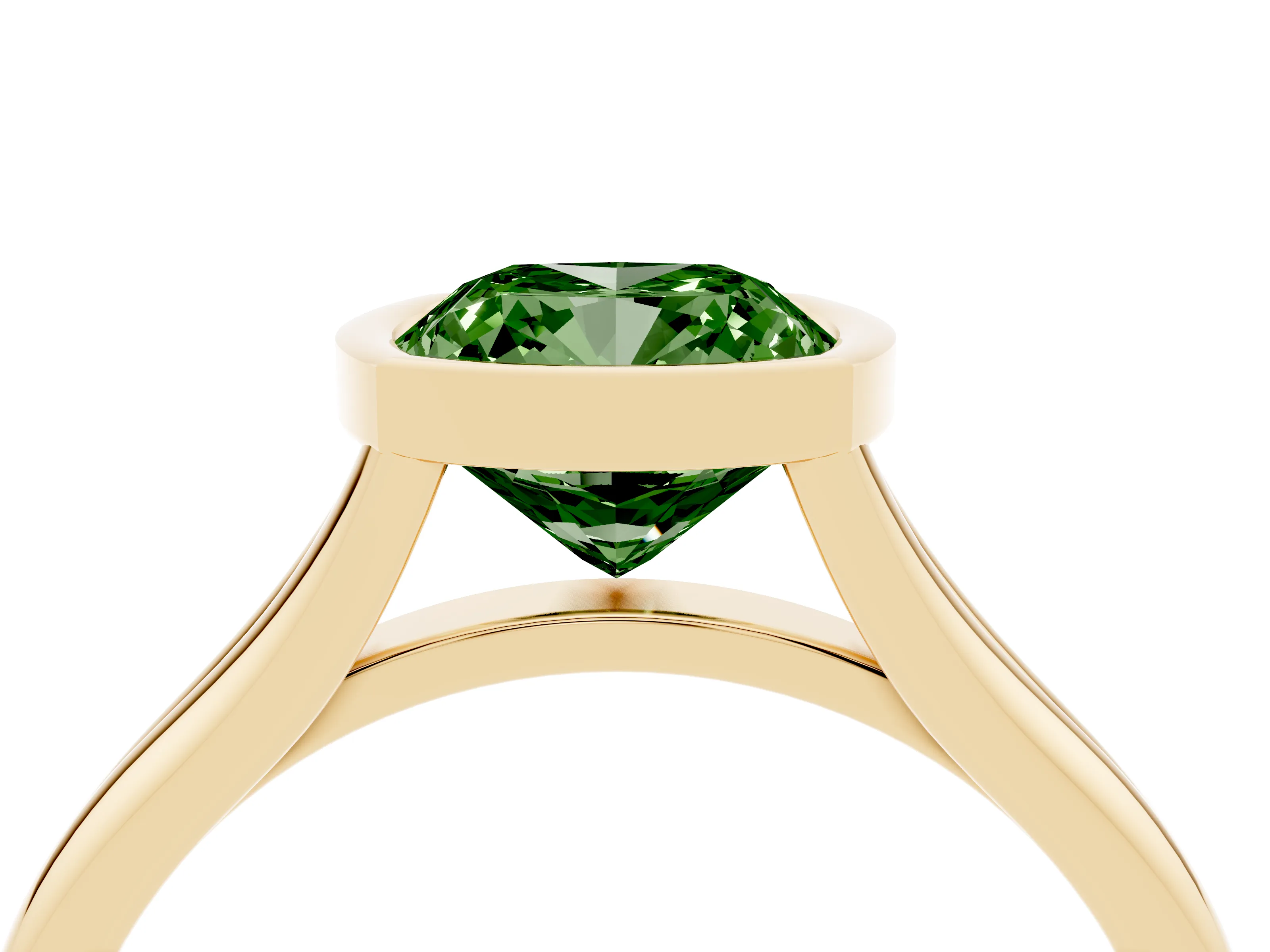 Fancy Green Bezel Set Cushion Cut Diamond Solitaire Ring Set in Yellow gold with Tapered Band