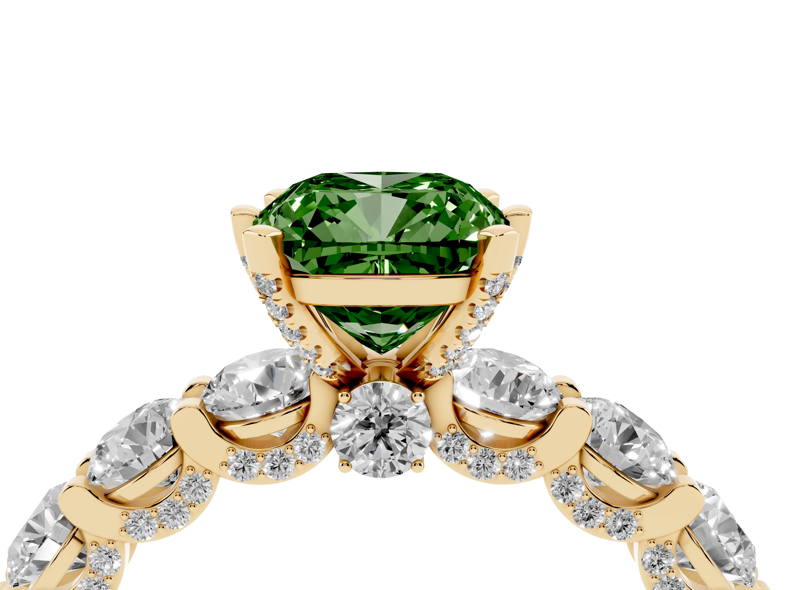 Fancy Green Cushion Cut Diamond Side Stone Ring Set in Yellow gold with Alternating Round and Oval Side Stones
