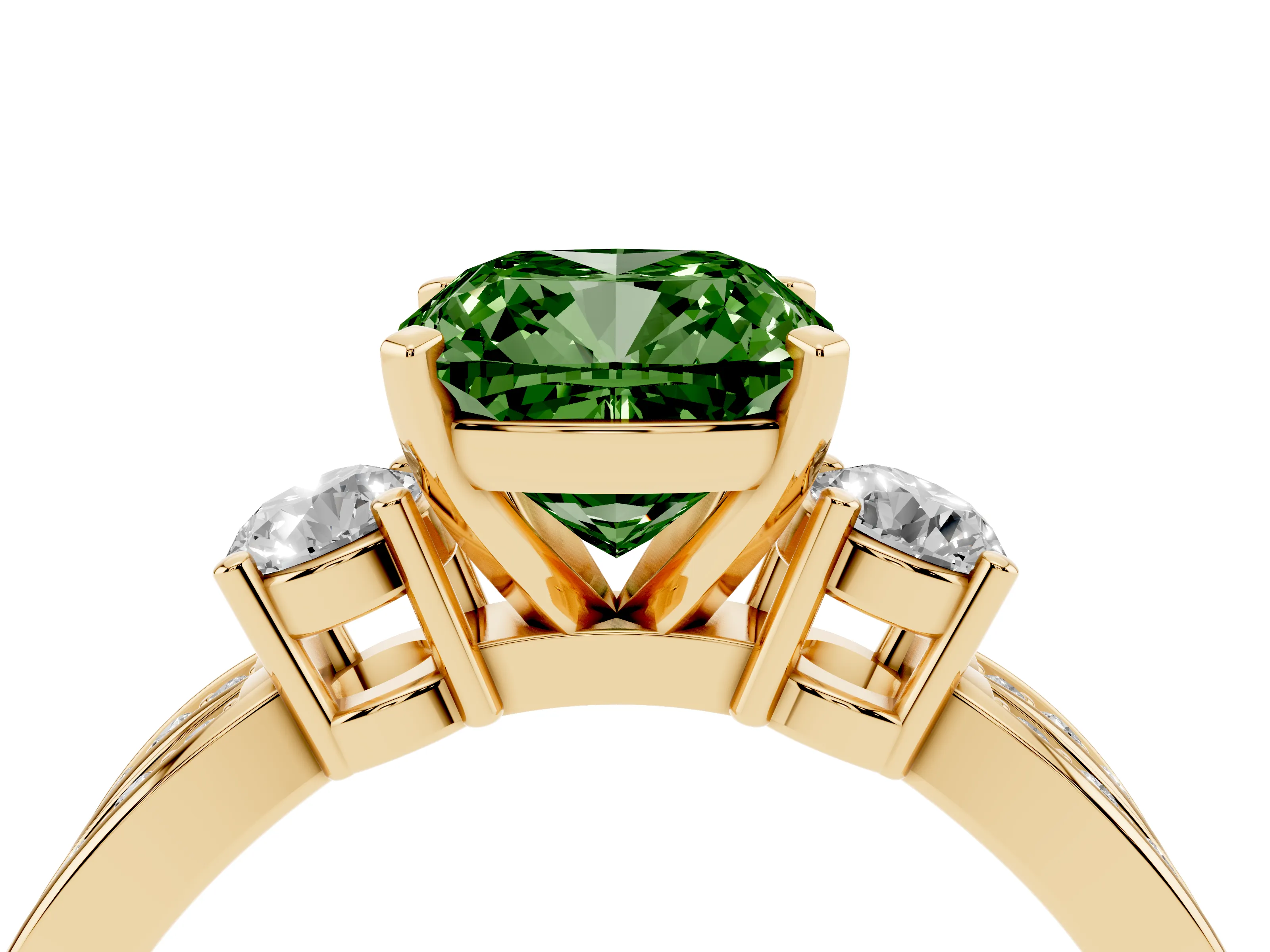 Fancy Green Three-Stone Cushion Cut Diamond Twist Band Ring Set in Yellow gold with Pavé Accents and Prong Setting