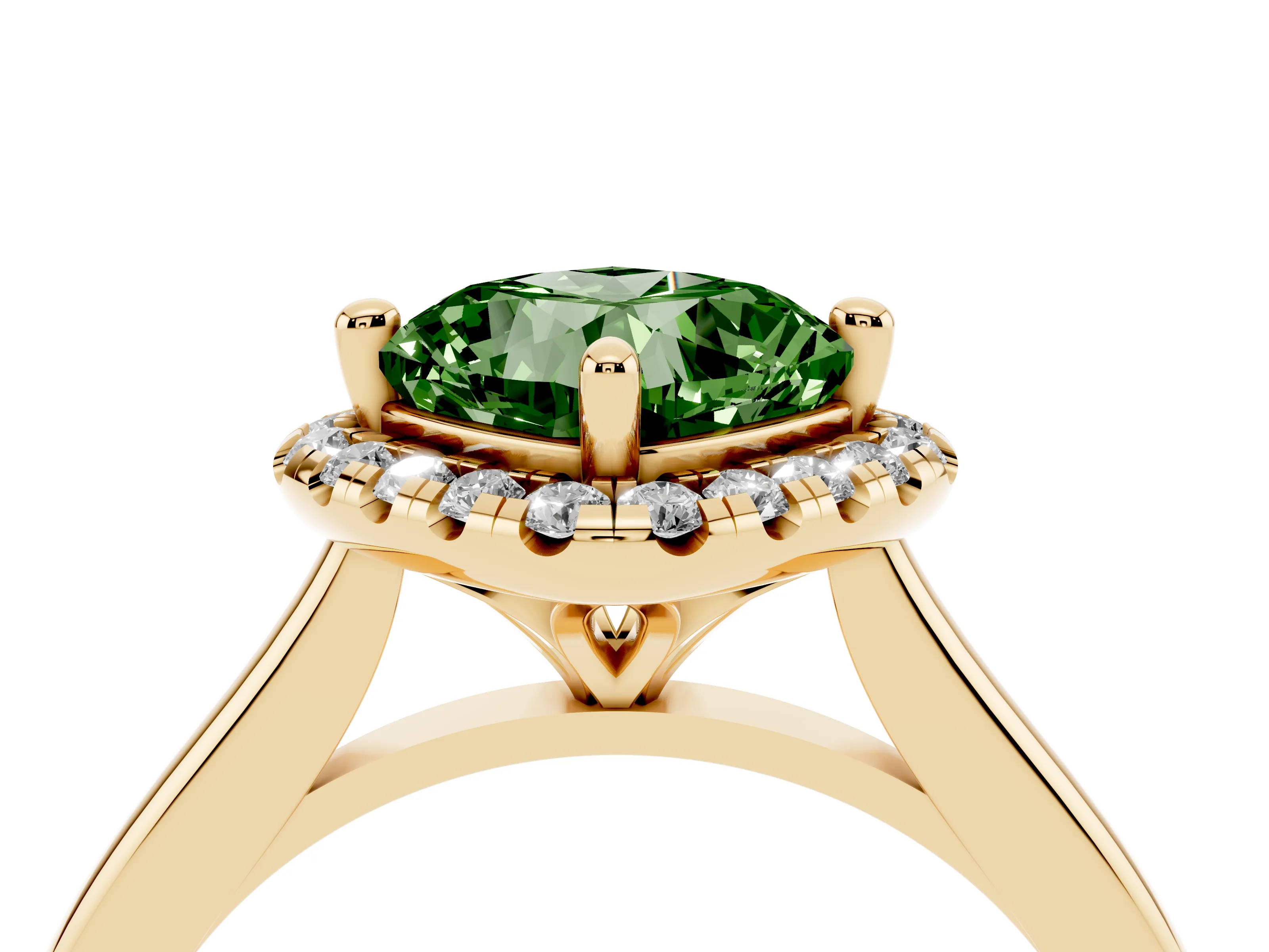Fancy Green Cushion Cut Diamond Halo Engagement Ring Set in Yellow gold with Pavé Band and Rising Shoulders