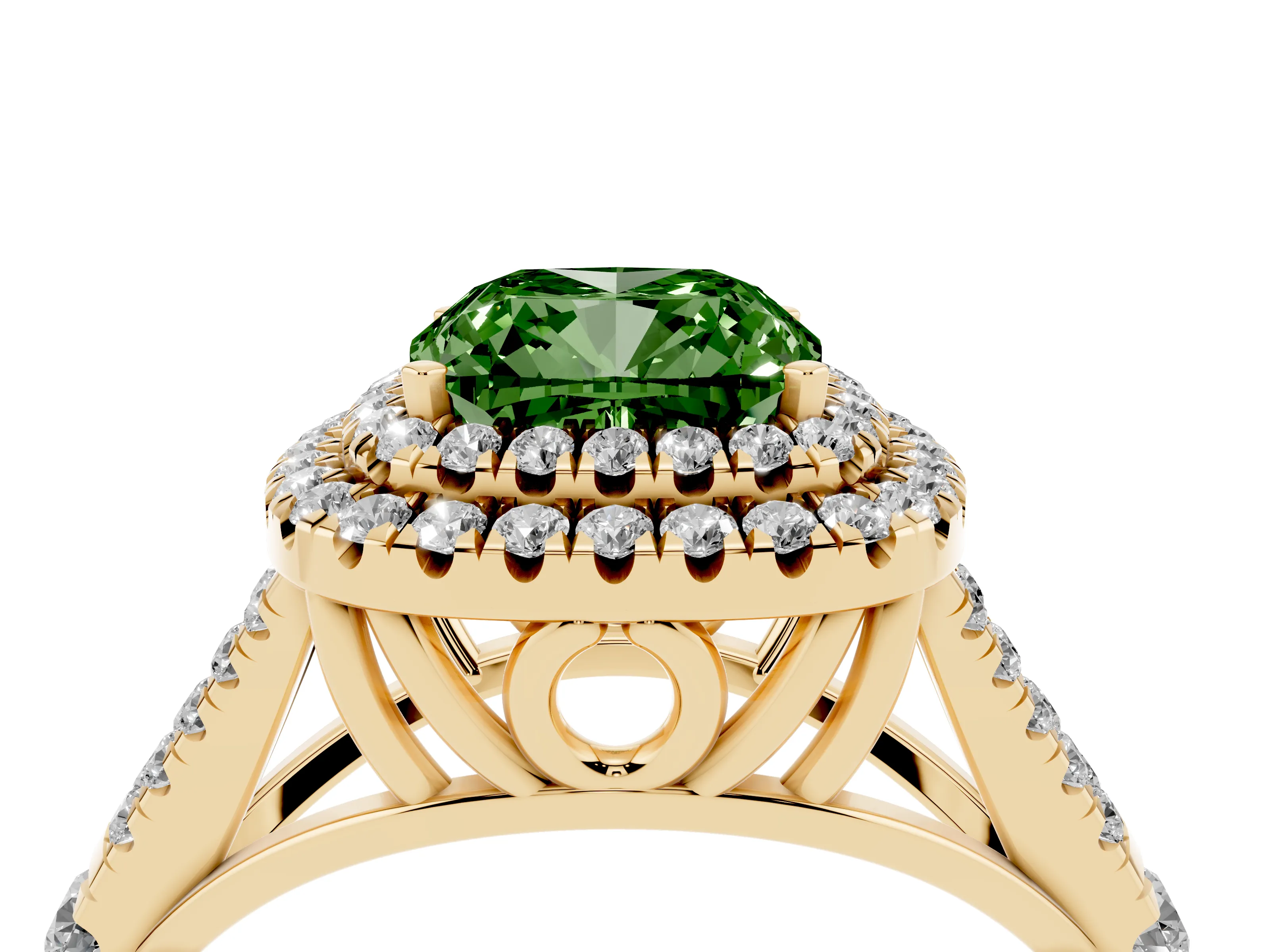 Fancy Green Cushion Cut Diamond Pavé Split Shank Double Halo Engagement Ring Set in Yellow gold