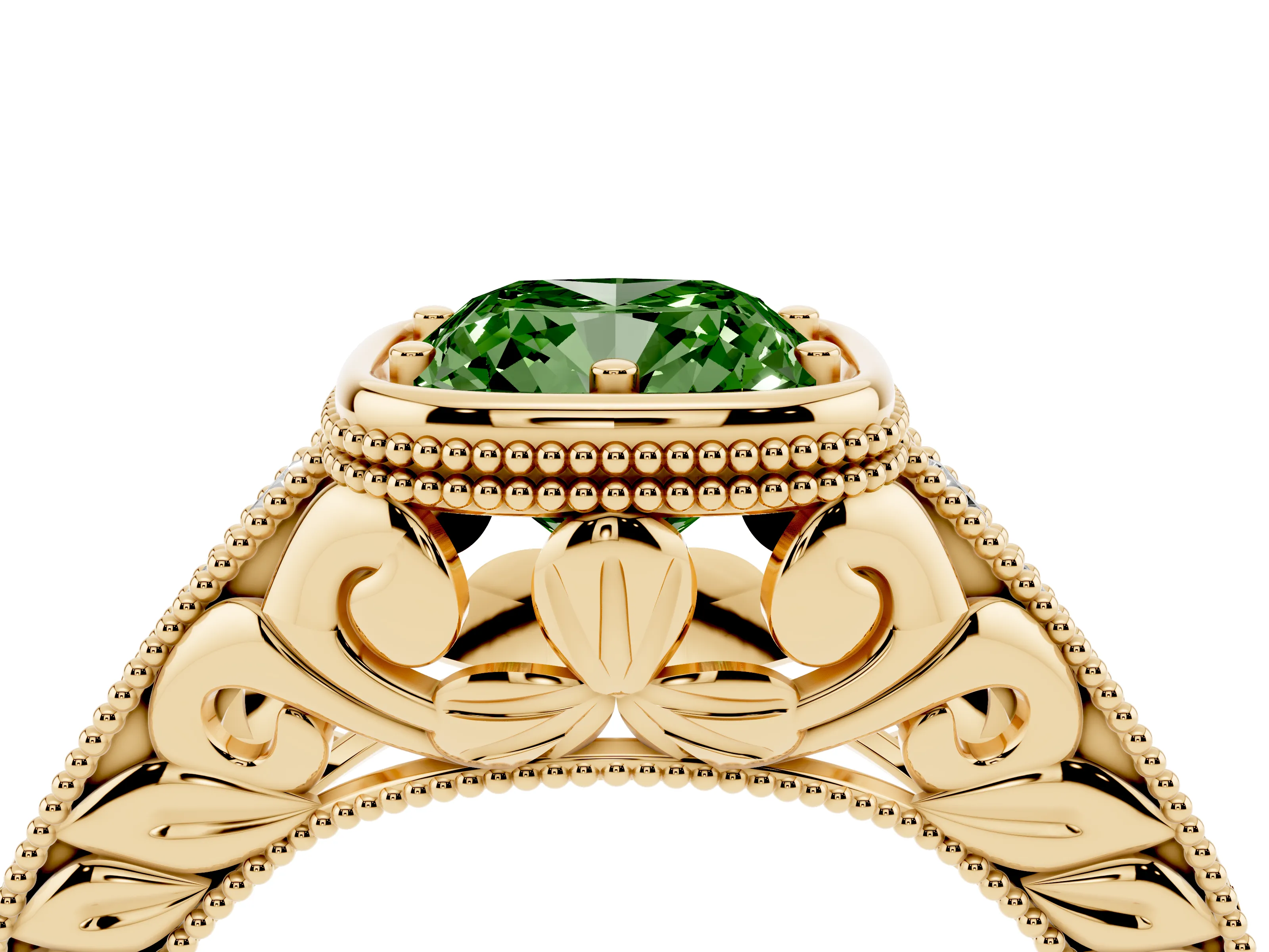 Fancy Green Bezel Set Cushion Cut Diamond Milgrain Pavé Engagement Ring Set in Yellow gold